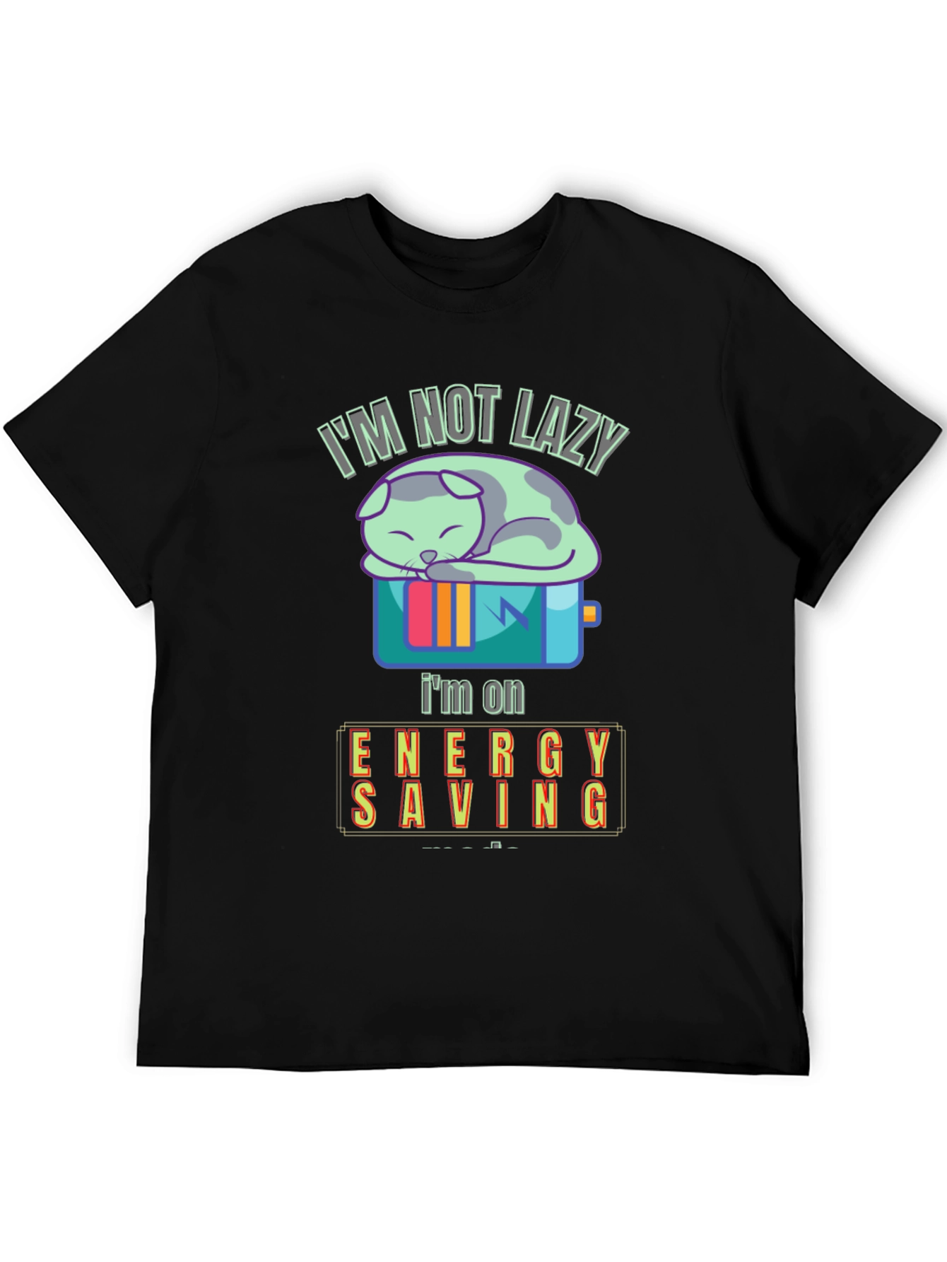 Black I'm Not Lazy, I'm on Energy Saving Funny Cat T-Shirt view 5