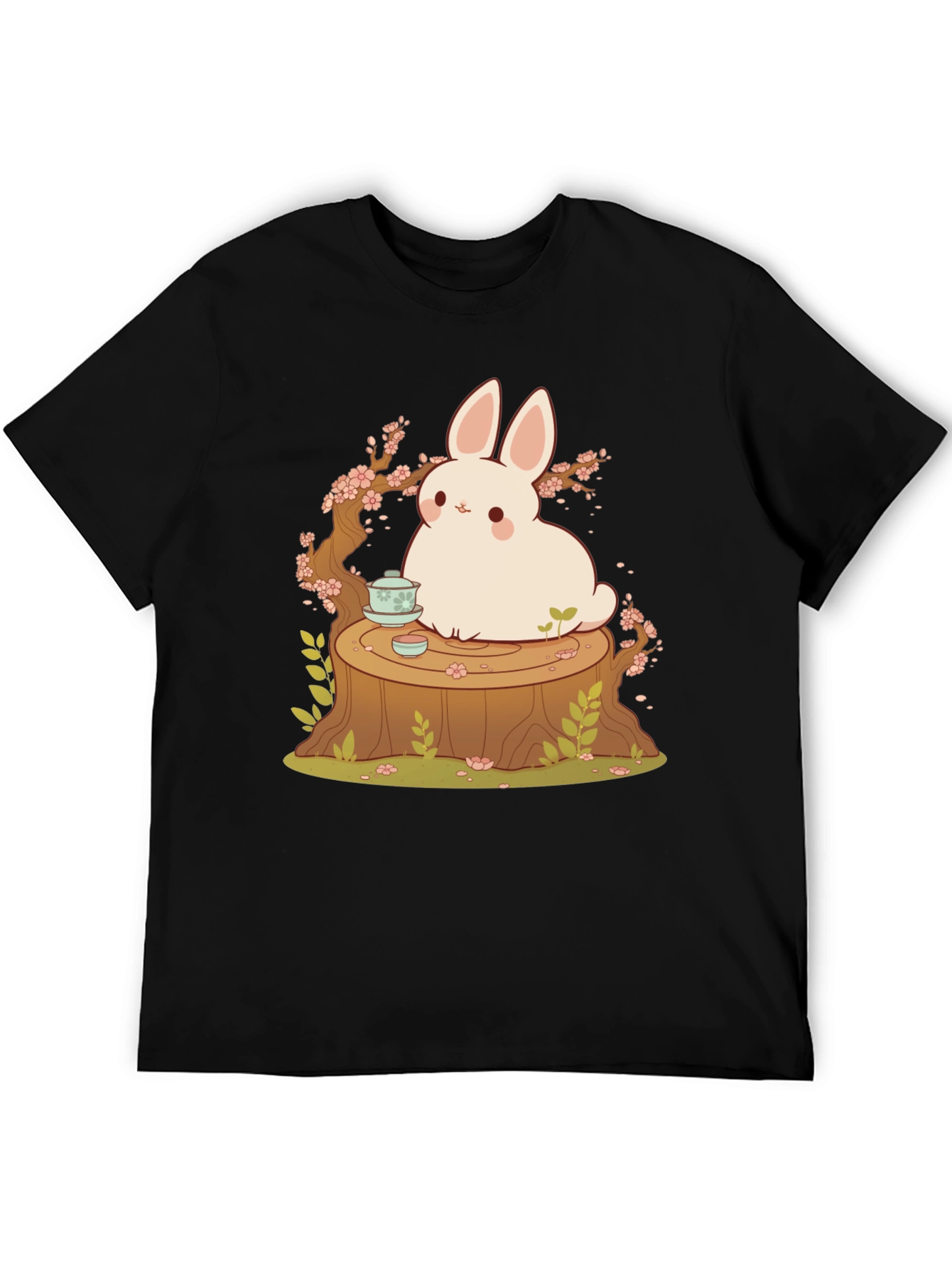Black Cute Bunny and Tea Tree Stump Black T-Shirt view 5