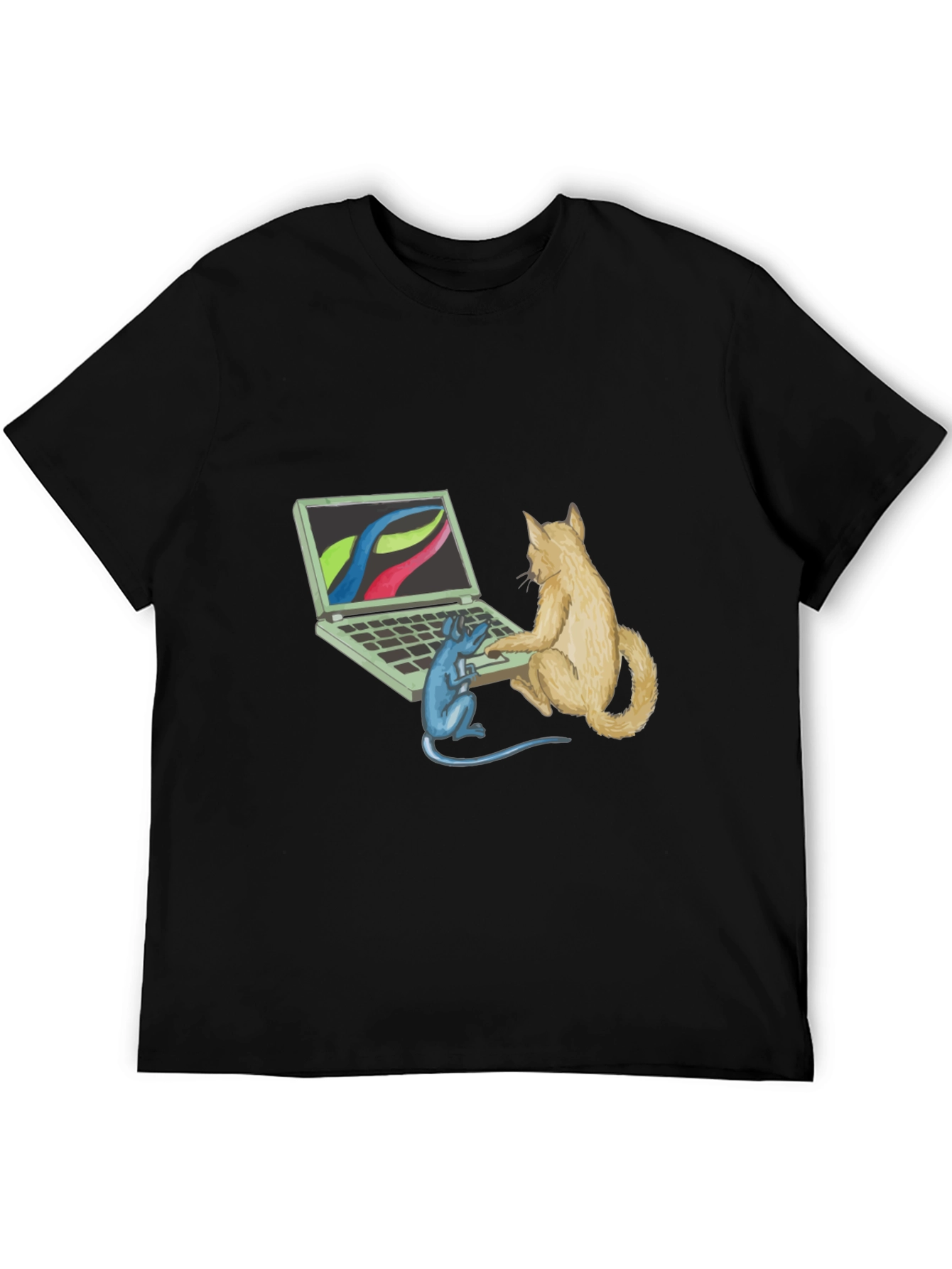 Black Cat & Mouse Computer Black T-Shirt view 5