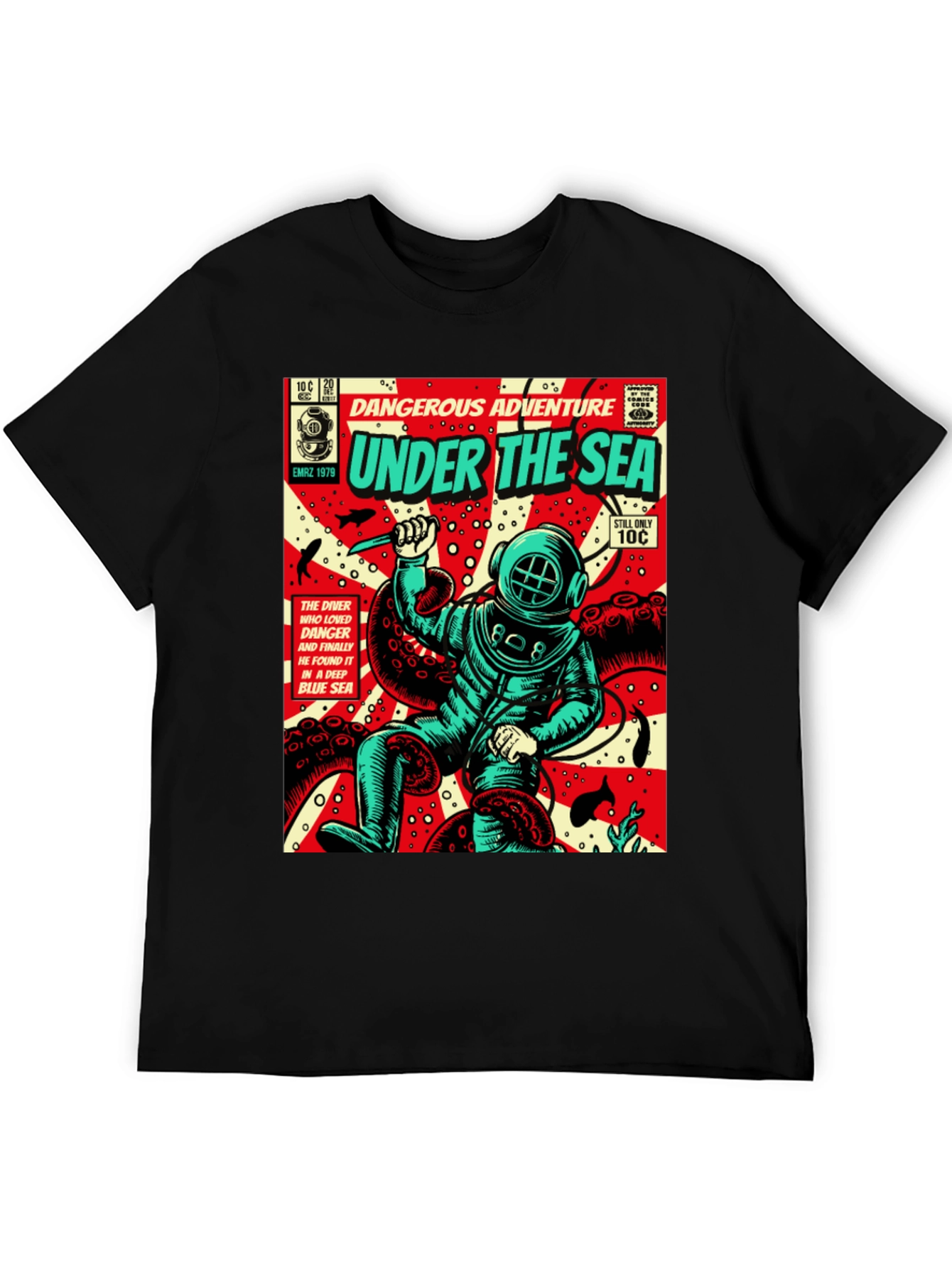 Black Under the Sea Comic Diver T-Shirt view 5