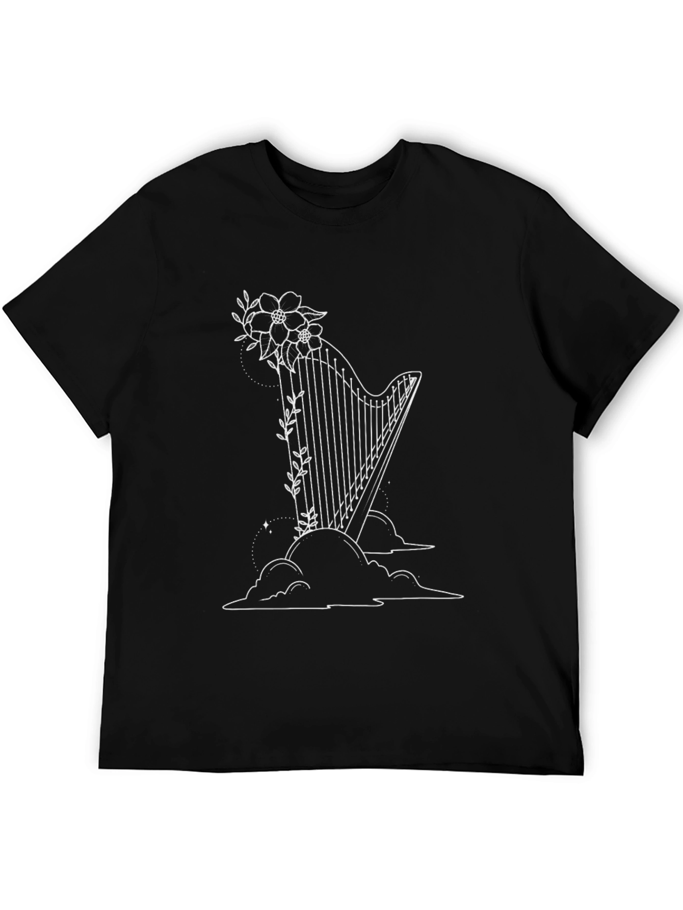 Black Floral Harp Graphic T-Shirt - Musical Style view 5