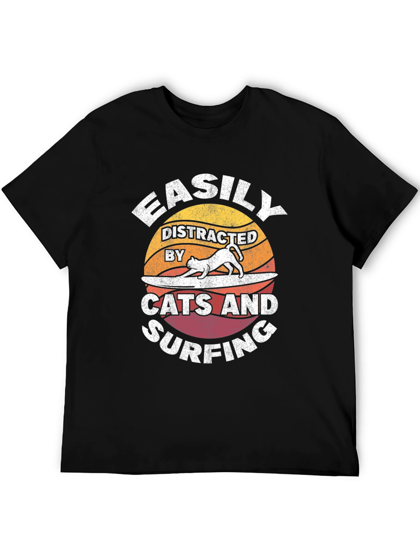 Black Easily Distracted Cats & Surfing T-Shirt view 5