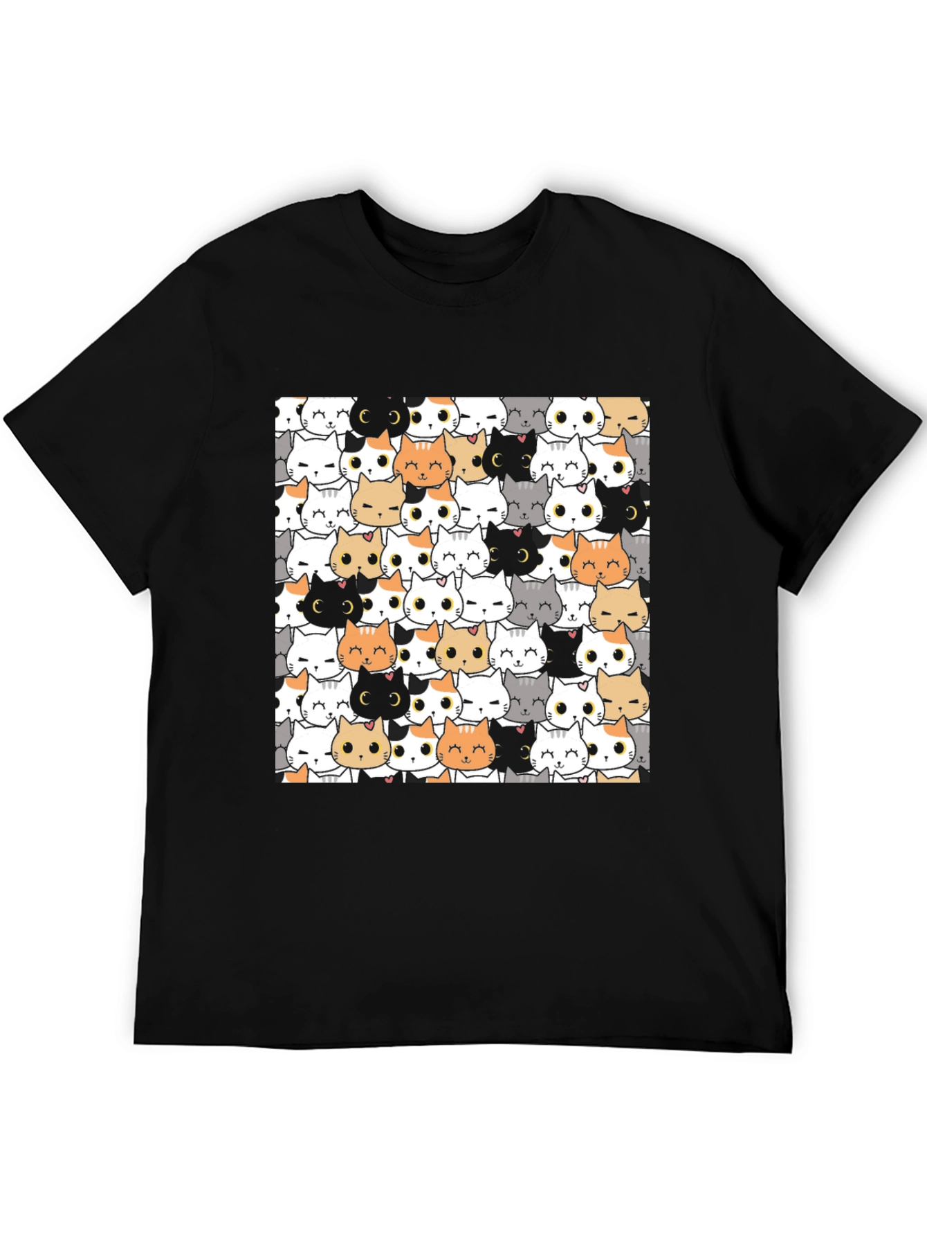 Black Cute Cartoon Cat Print Black T-Shirt view 5