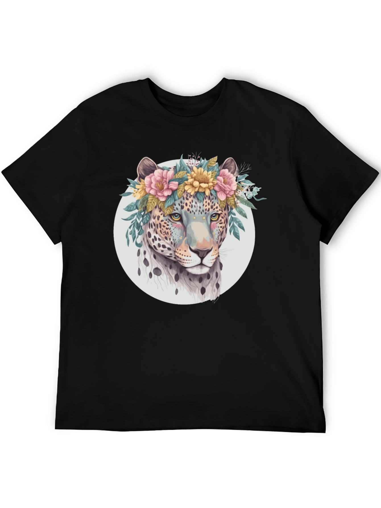 Black Floral Leopard Print Black T-Shirt view 5