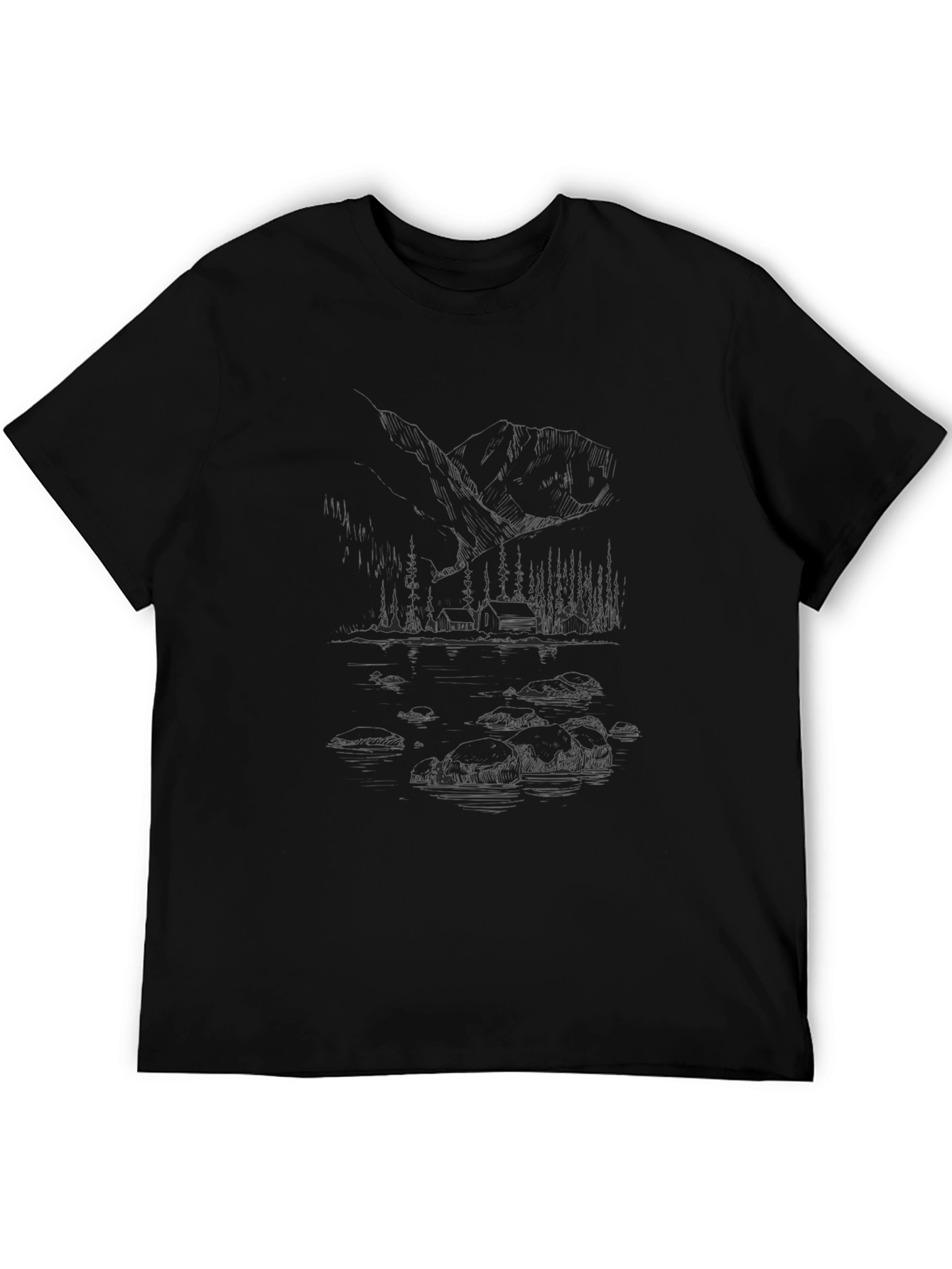 Black Nature Sketch Tee - Mountain Cabin Lake Scene view 5