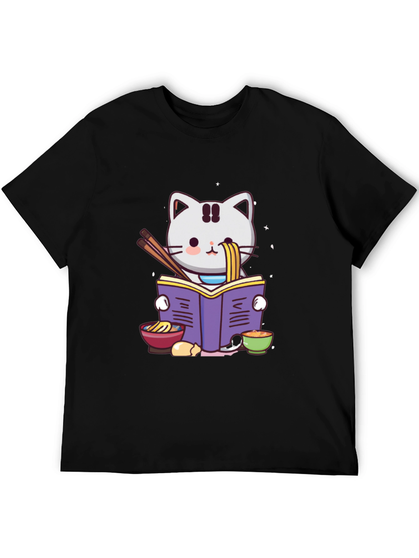Black Ramen Cat Reading T-Shirt view 5
