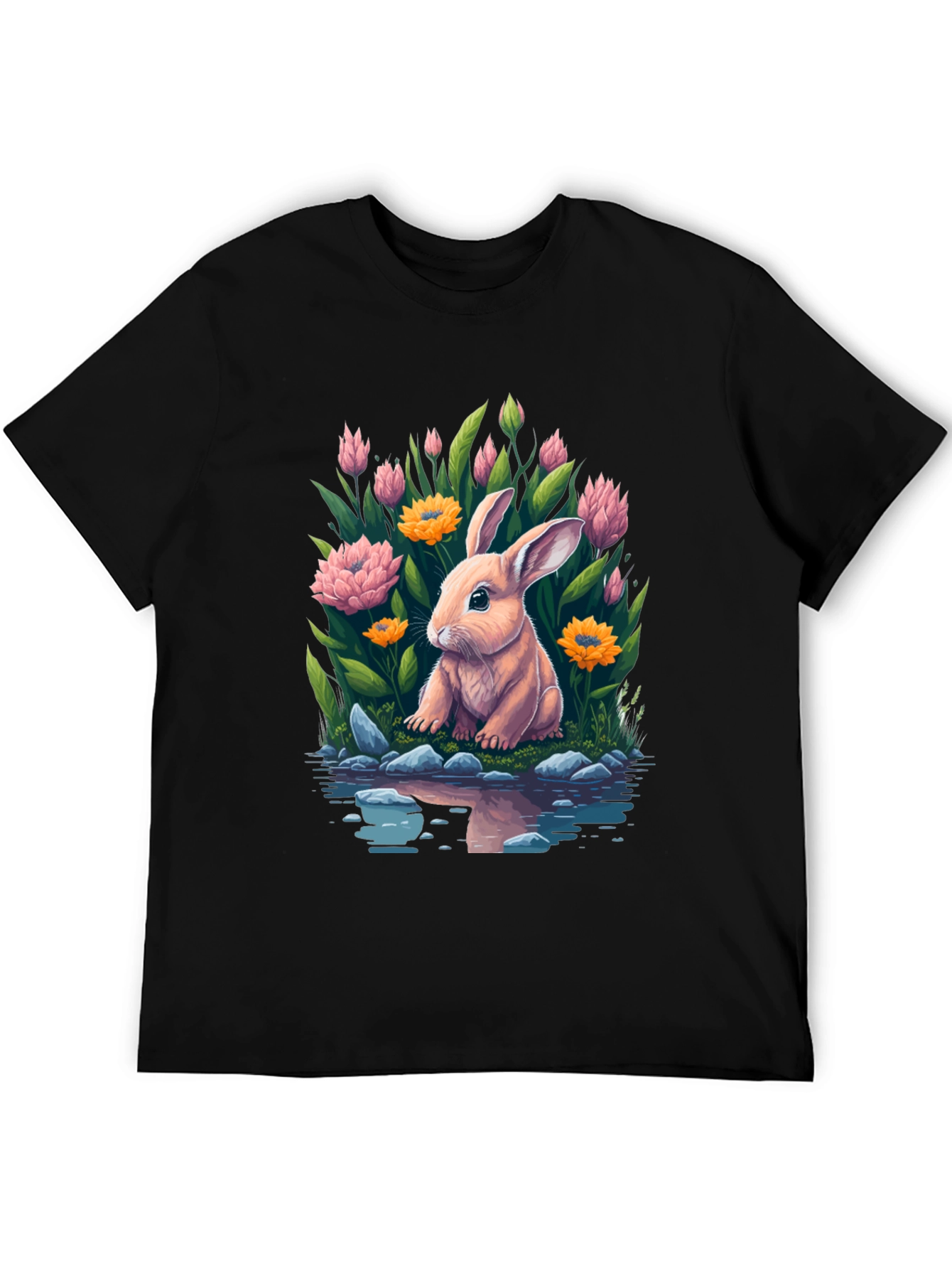 Black Bunny & Blooms Graphic Tee - Men's Black T-Shirt view 5