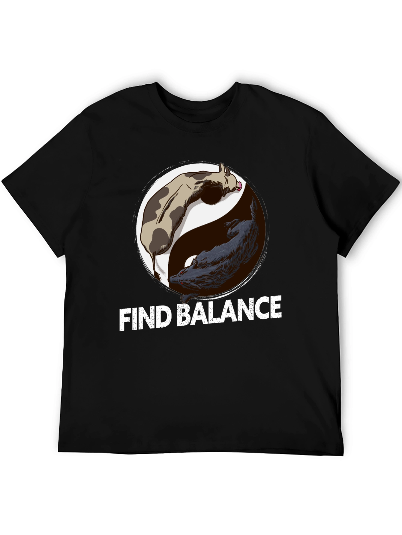 Black Find Balance Yin Yang Cow Wolf Graphic T-Shirt view 5