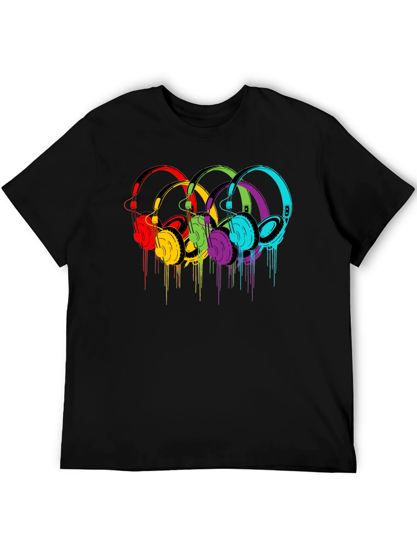 Black Colorful Headphones Graphic Black T-Shirt view 5