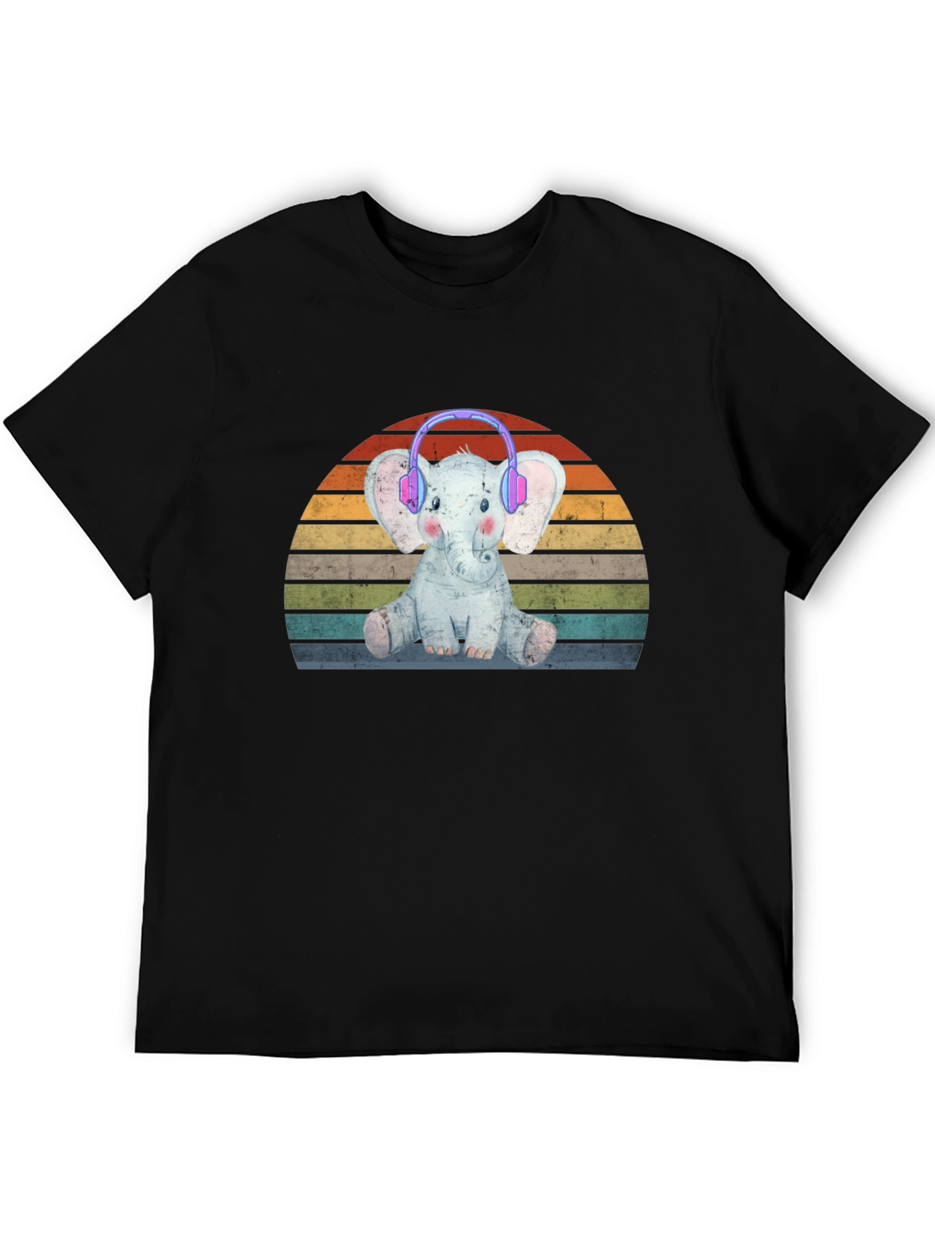 Black Elephant Headphones Retro Style T-Shirt view 5