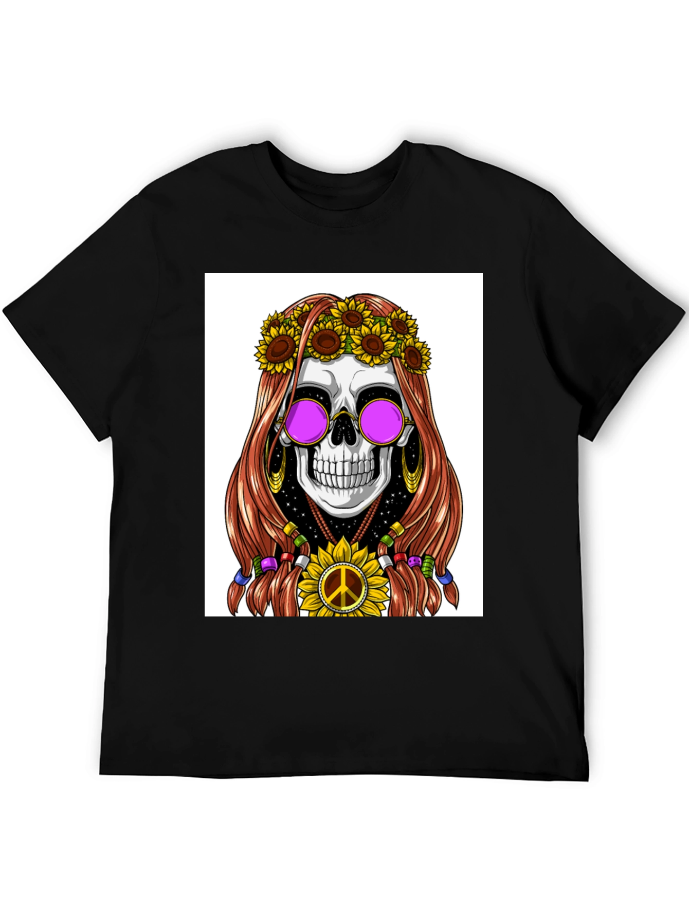 Black Hippie Skull Graphic T-Shirt view 5