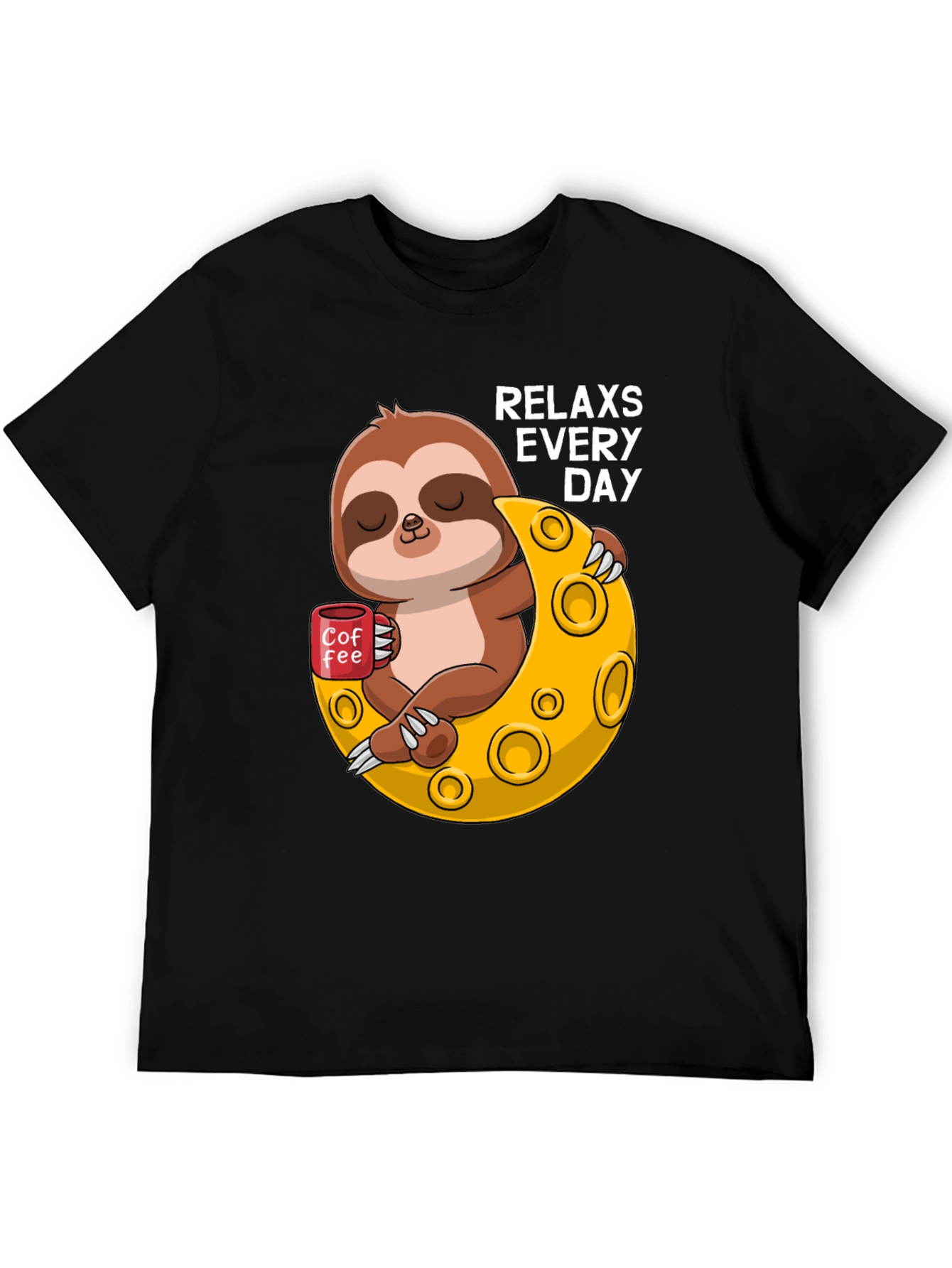 Black Relax Sloth on Moon T-Shirt view 5
