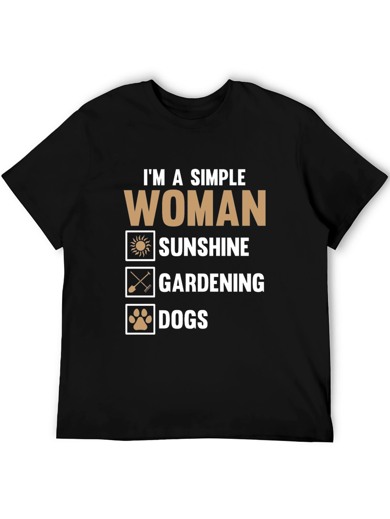 Black Simple Woman T-Shirt - Sunshine, Gardening, Dogs view 5