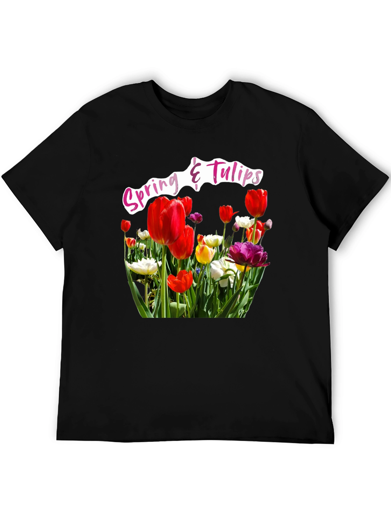 Black Spring & Tulips Black T-Shirt view 5