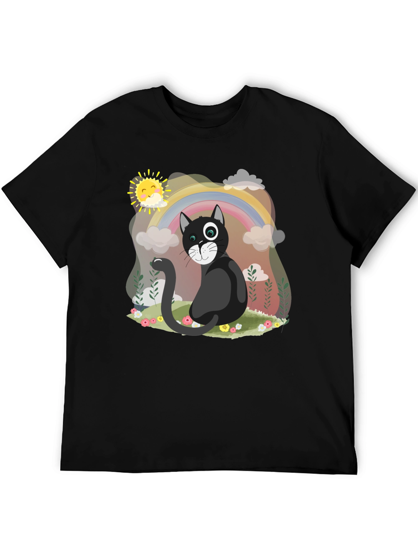 Black Whimsical Cat Rainbow T-Shirt view 5