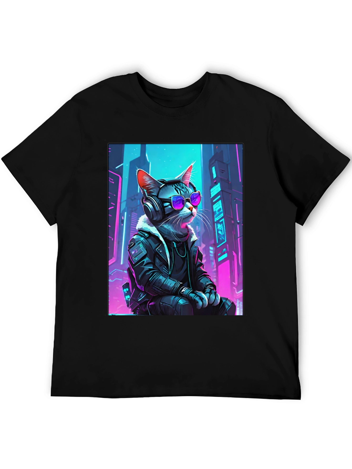 Black Cyberpunk Cat T-Shirt - Cool Neon Design view 5