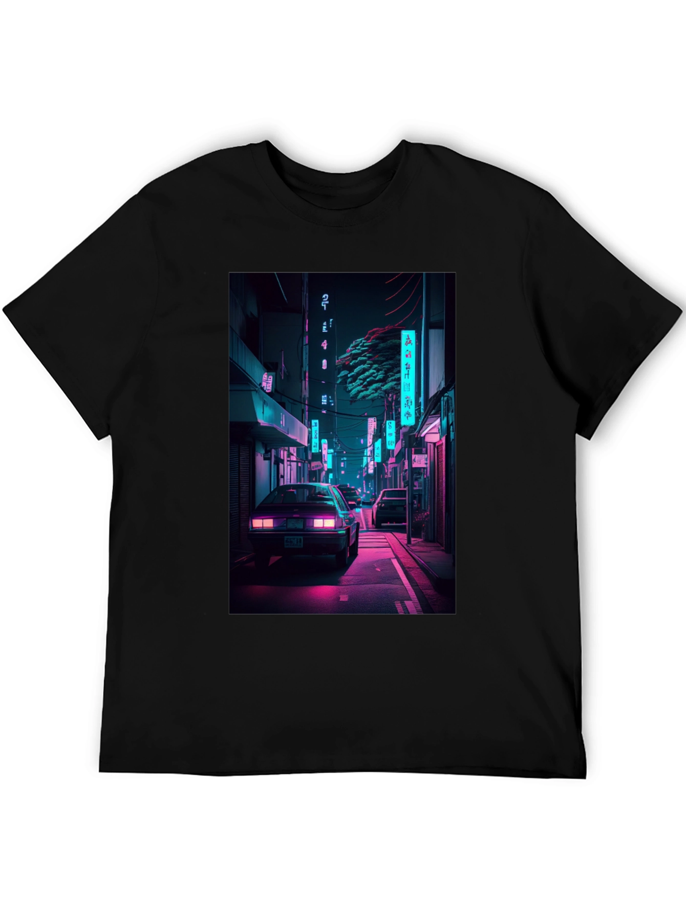 Black Retro Neon City Car Graphic T-Shirt view 5