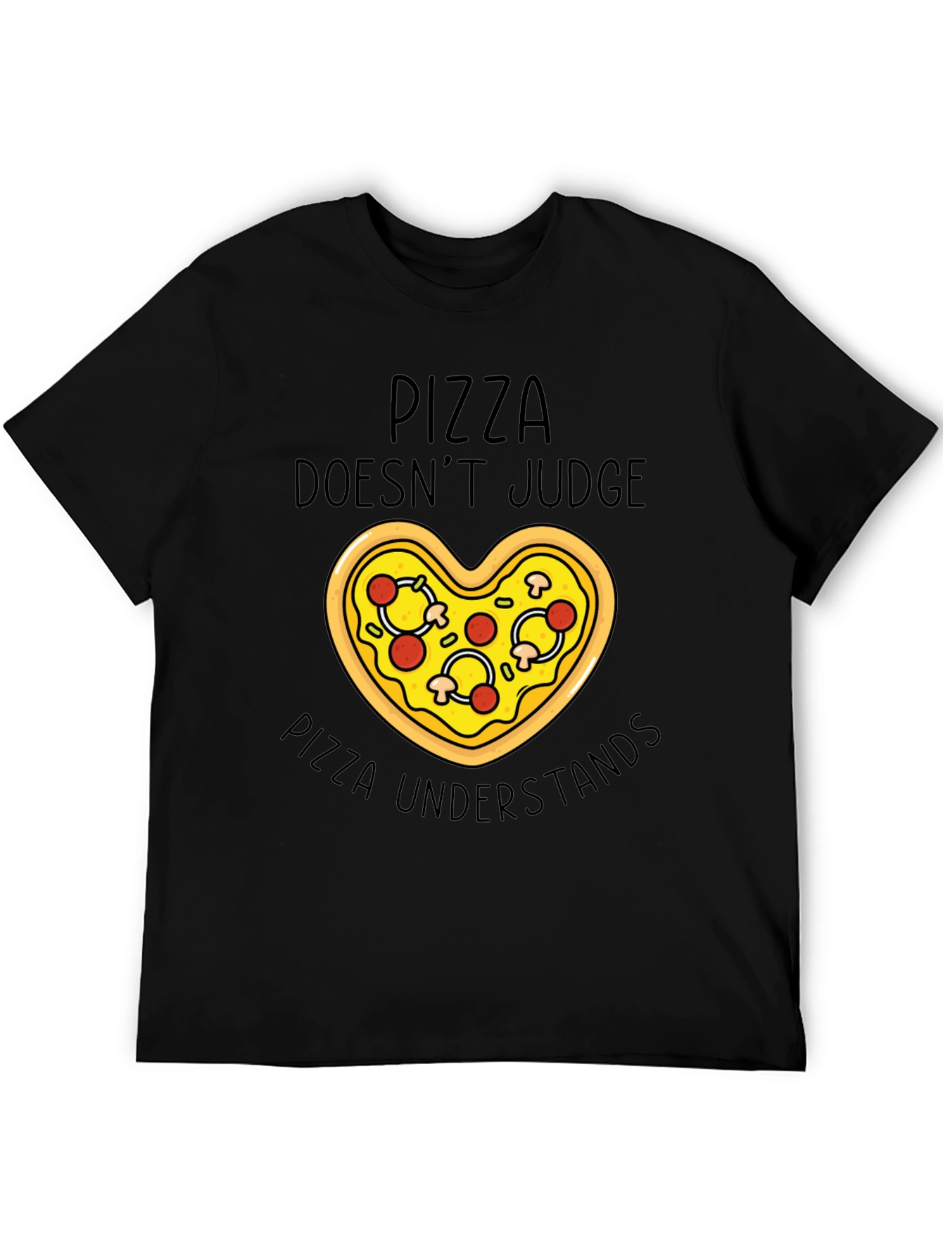 Black Pizza Lover's Tee: Pizza Doesn't Judge T-Shirt view 5