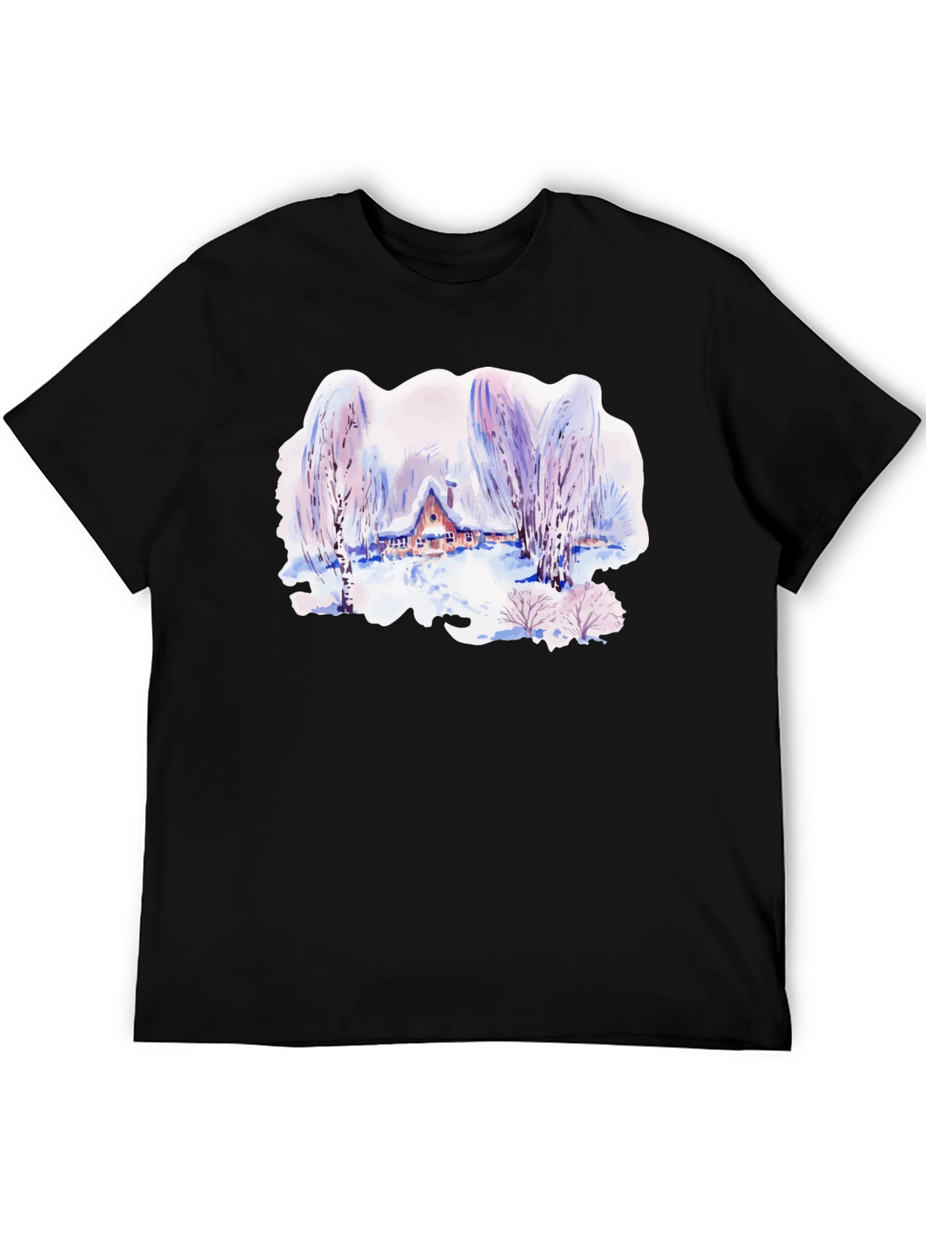 Black Winter Cabin Watercolor Graphic T-Shirt view 5