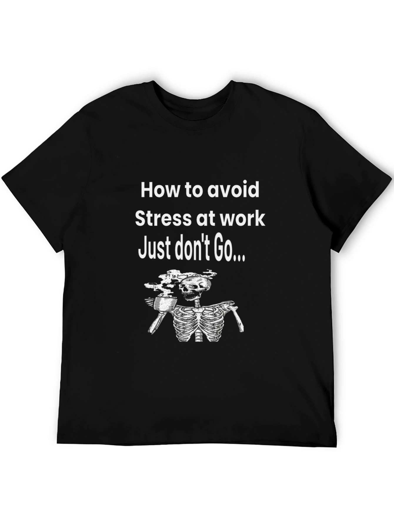 Black Funny "Avoid Stress" Skeleton Graphic T-Shirt view 5