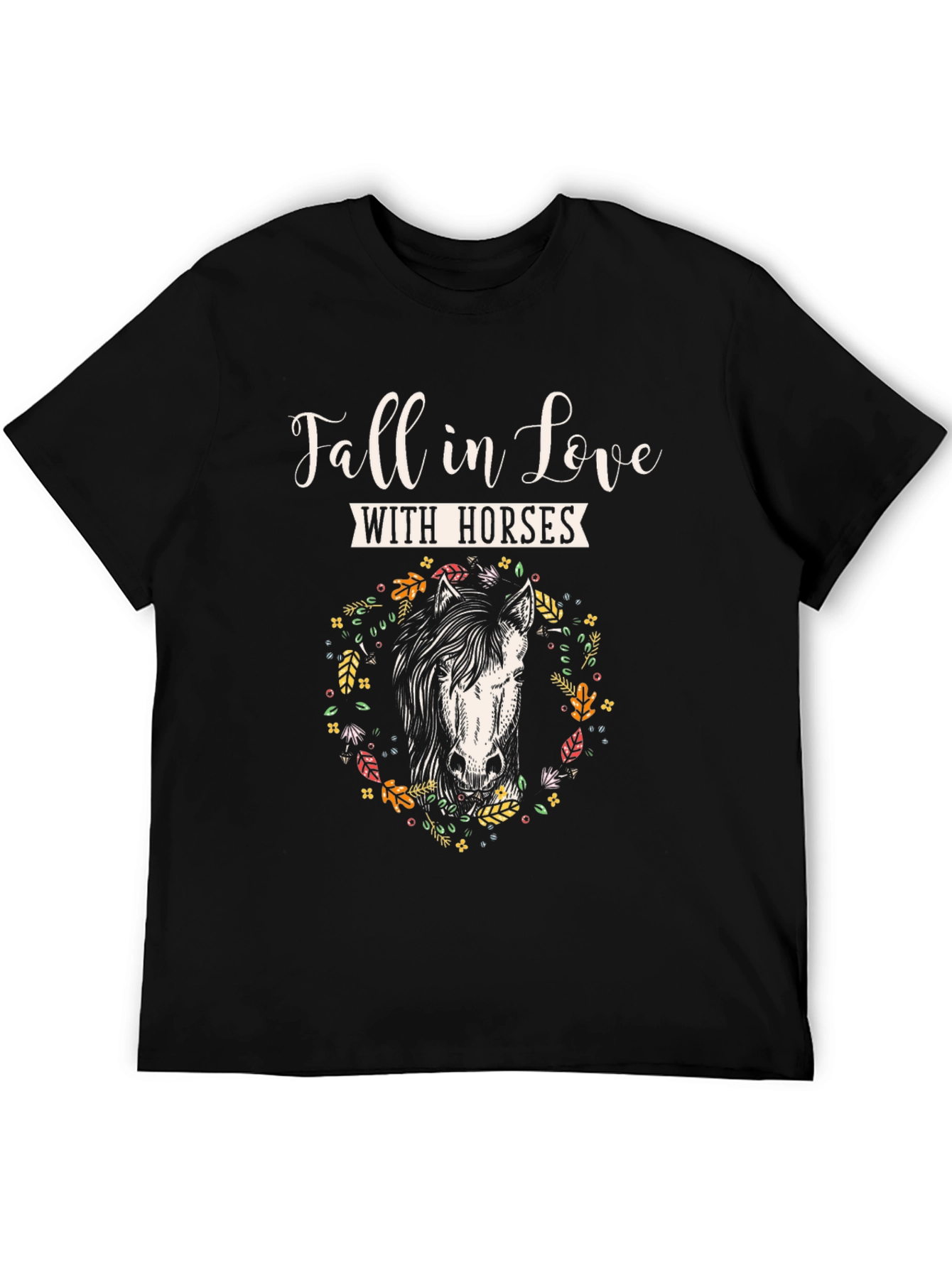 Black Fall in Love with Horses T-Shirt, Floral Horse Tee view 5