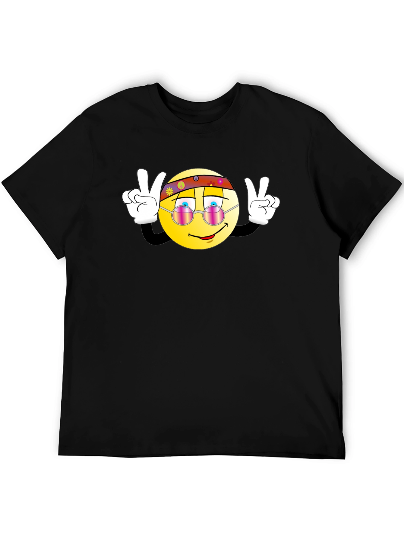 Black Cool Hippie Smiley Face Peace Sign Black T-Shirt view 5