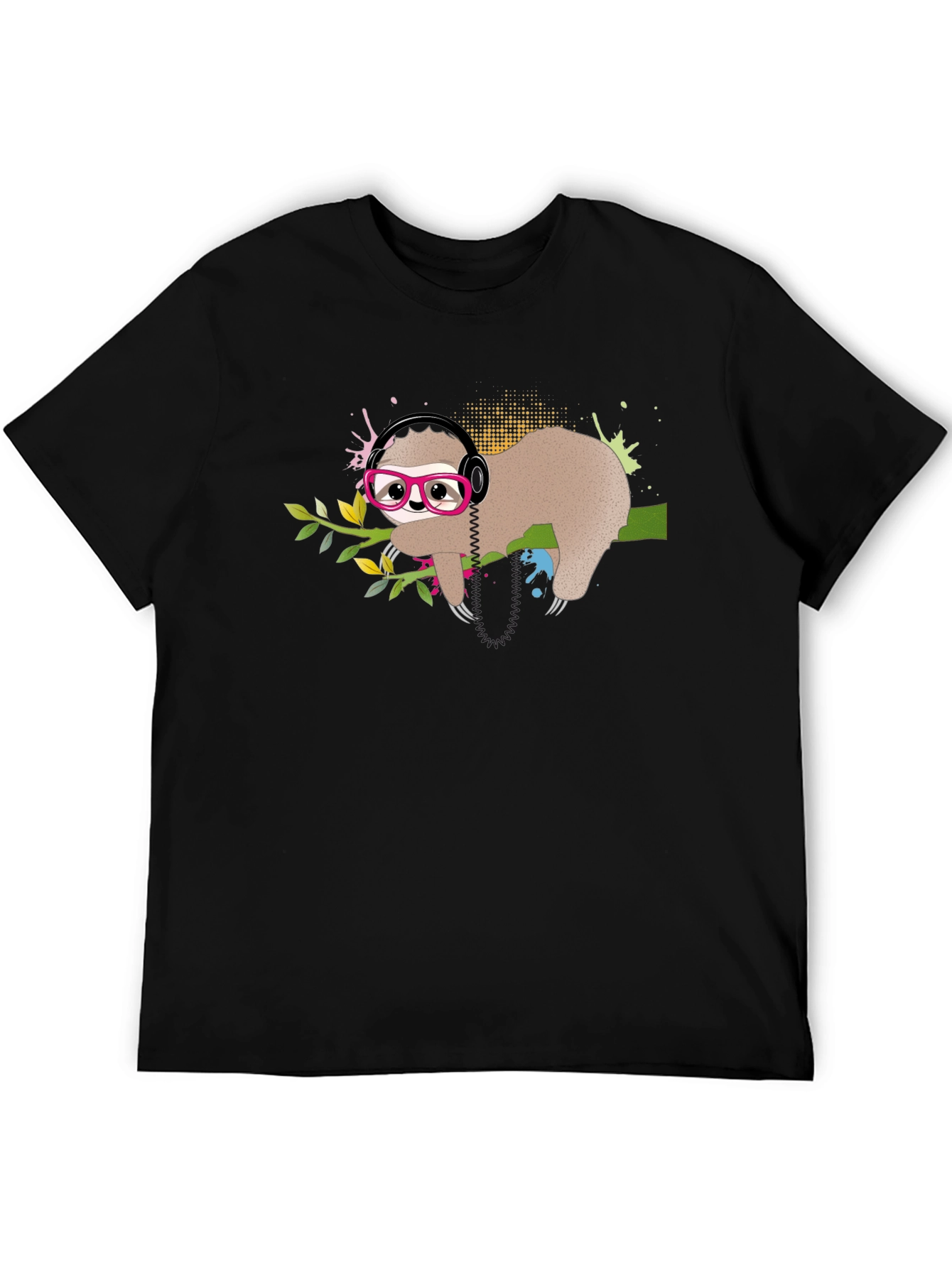 Black Sloth in Glasses T-Shirt, Cool Headphones Graphic Tee view 5