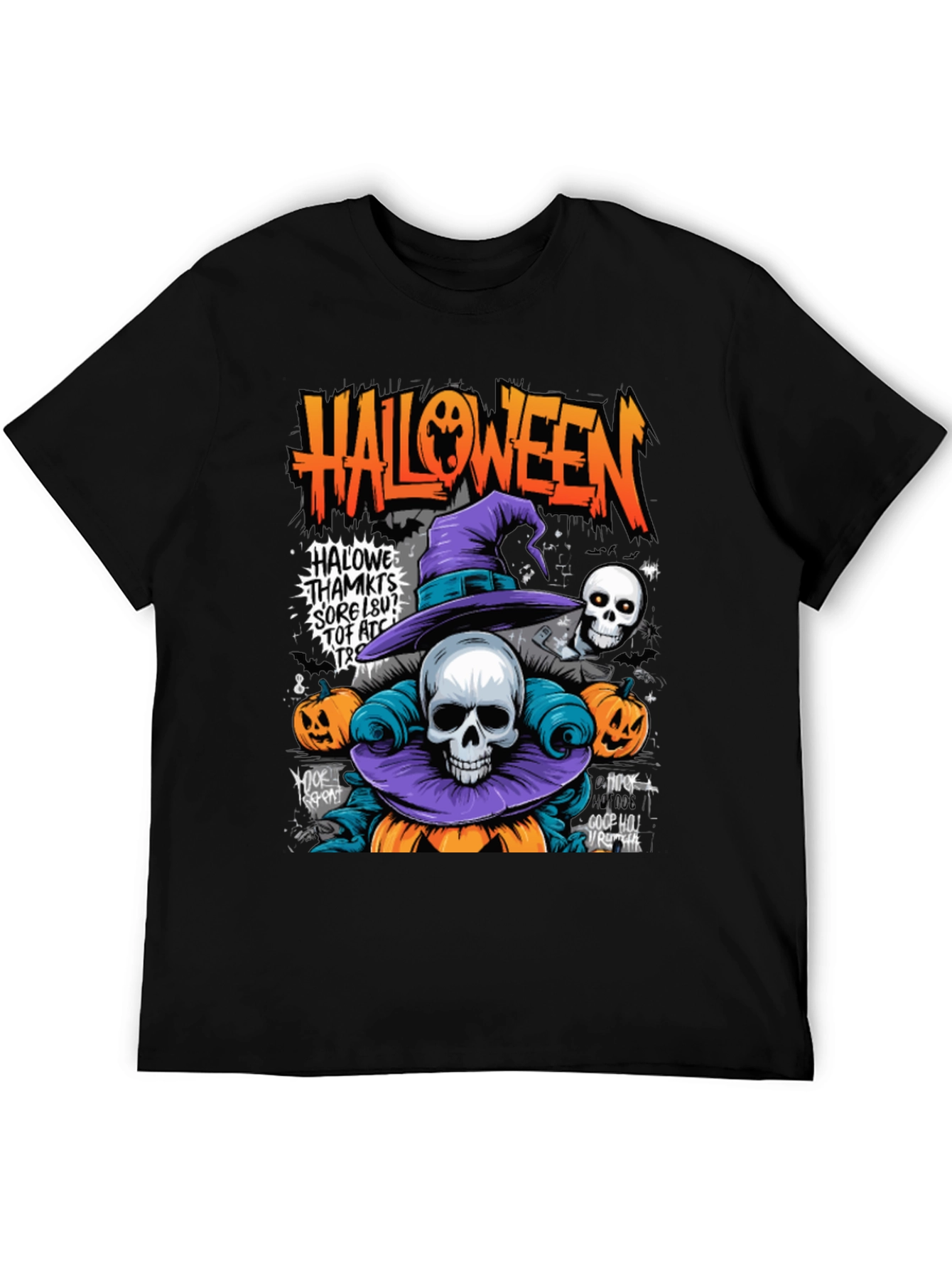 Black Halloween Skull Pumpkin Graphic Tee view 5