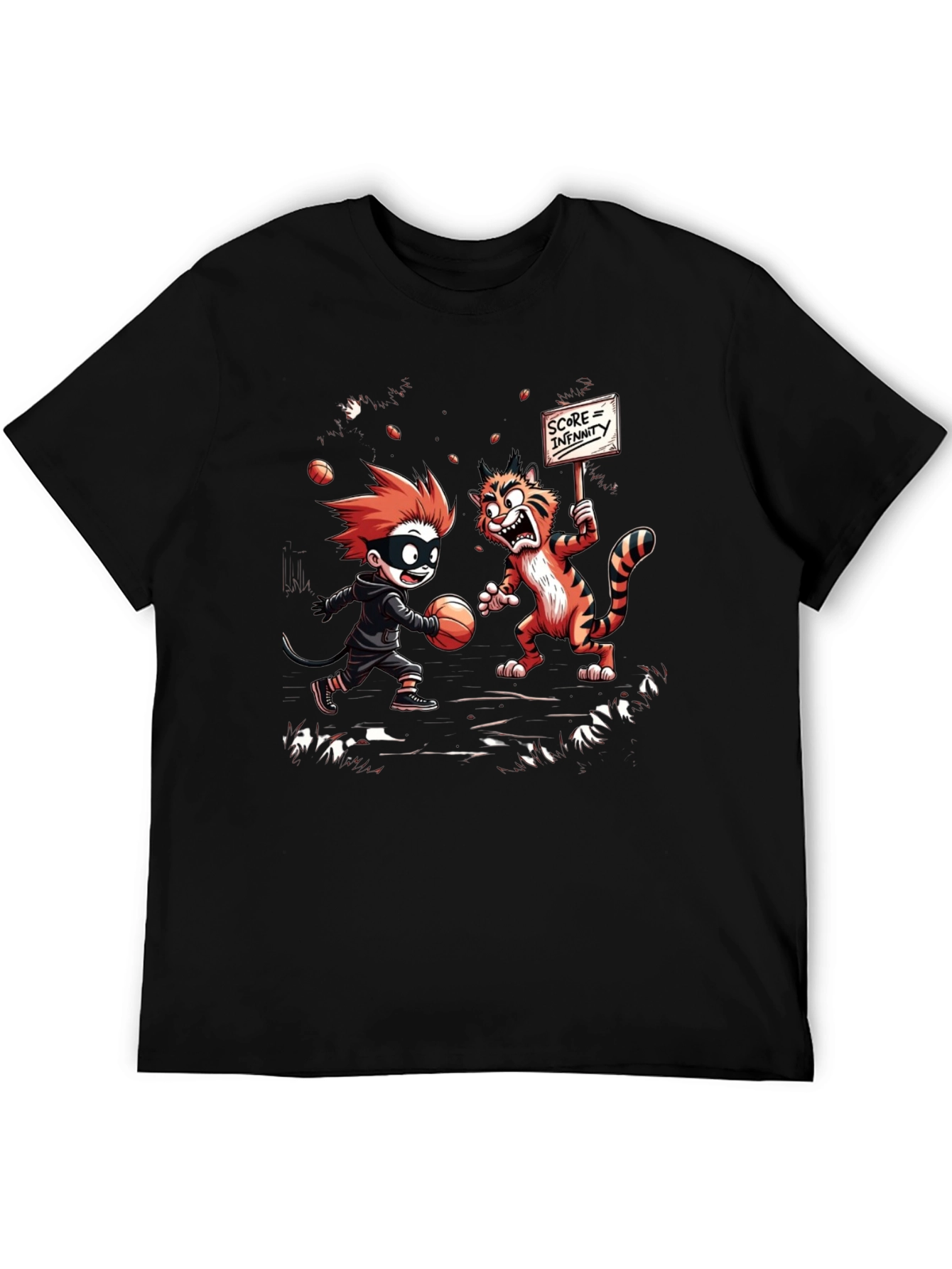 Black Cartoon Graphic T-Shirt: Boy vs. Tiger view 5