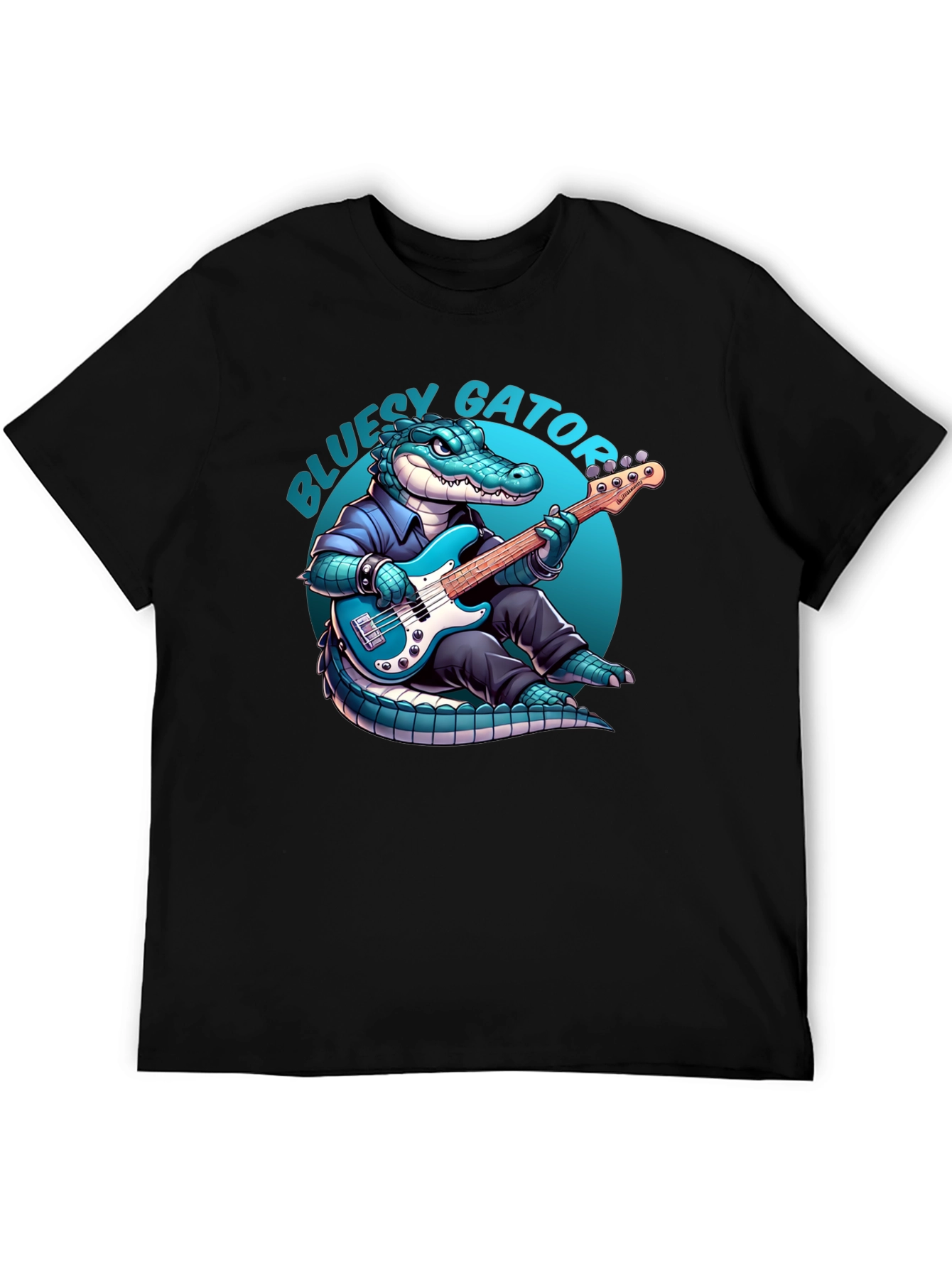 Black Bluesy Gator T-Shirt: Alligator Playing Bass Guitar view 5