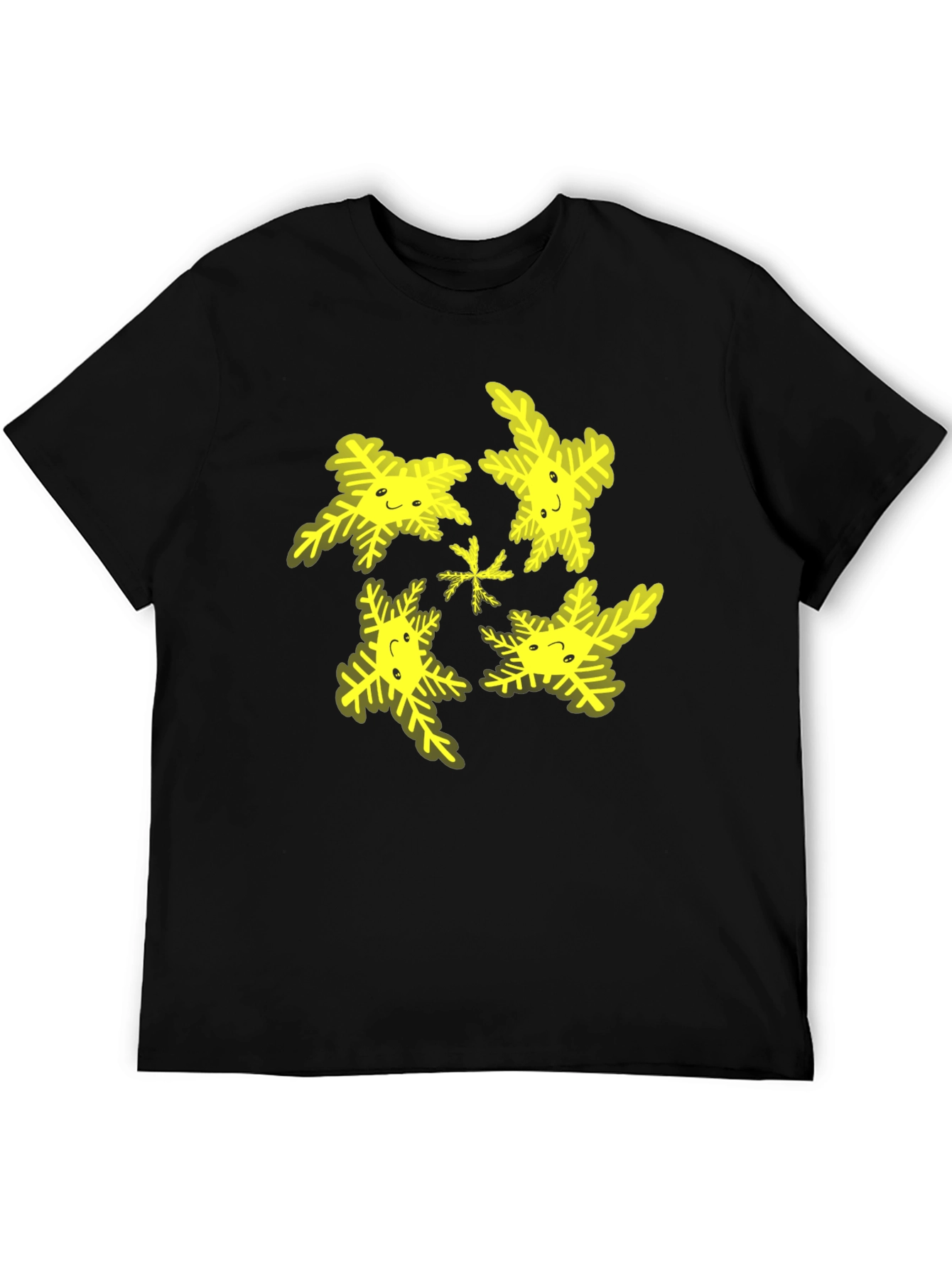 Black Cheerful Snowflake Pattern Black T-Shirt view 5