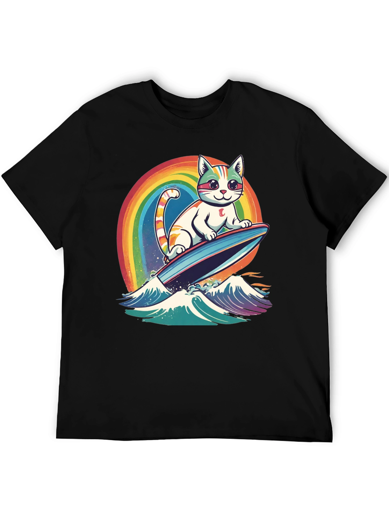 Black Surfing Cat Rainbow T-Shirt view 5