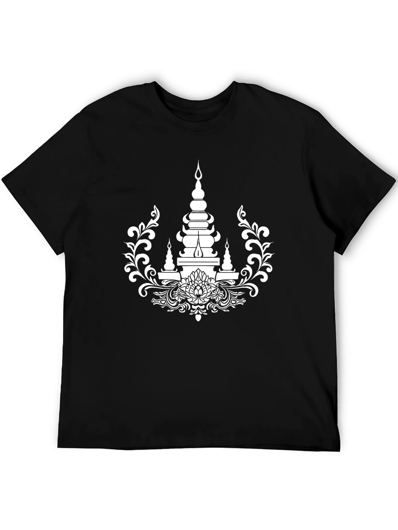 Black Elegant Black T-Shirt with White Temple Design view 5