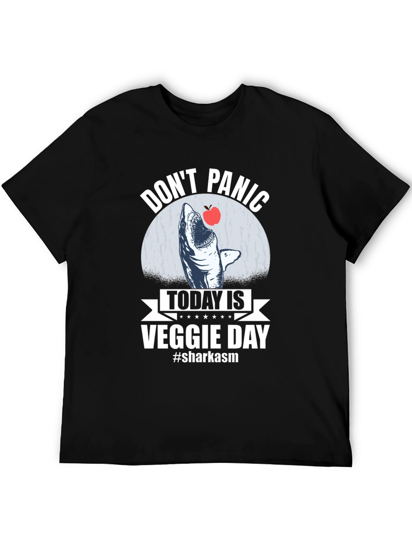Black Don't Panic Veggie Day Shark T-Shirt view 5