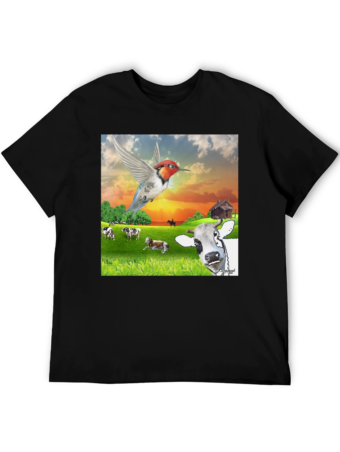 Black Hummingbird & Cow Farm T-Shirt - Unique Animal Design view 5