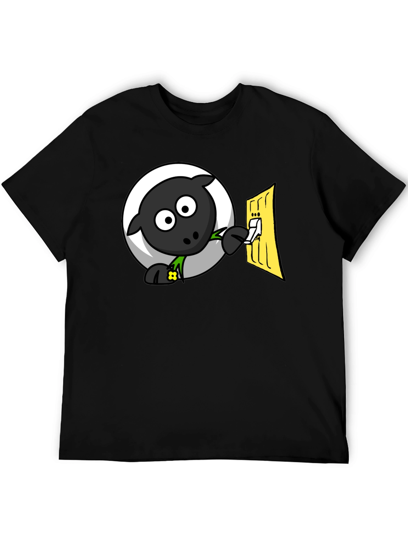 Black Funny Cartoon Sheep Turning on Light T-Shirt view 5