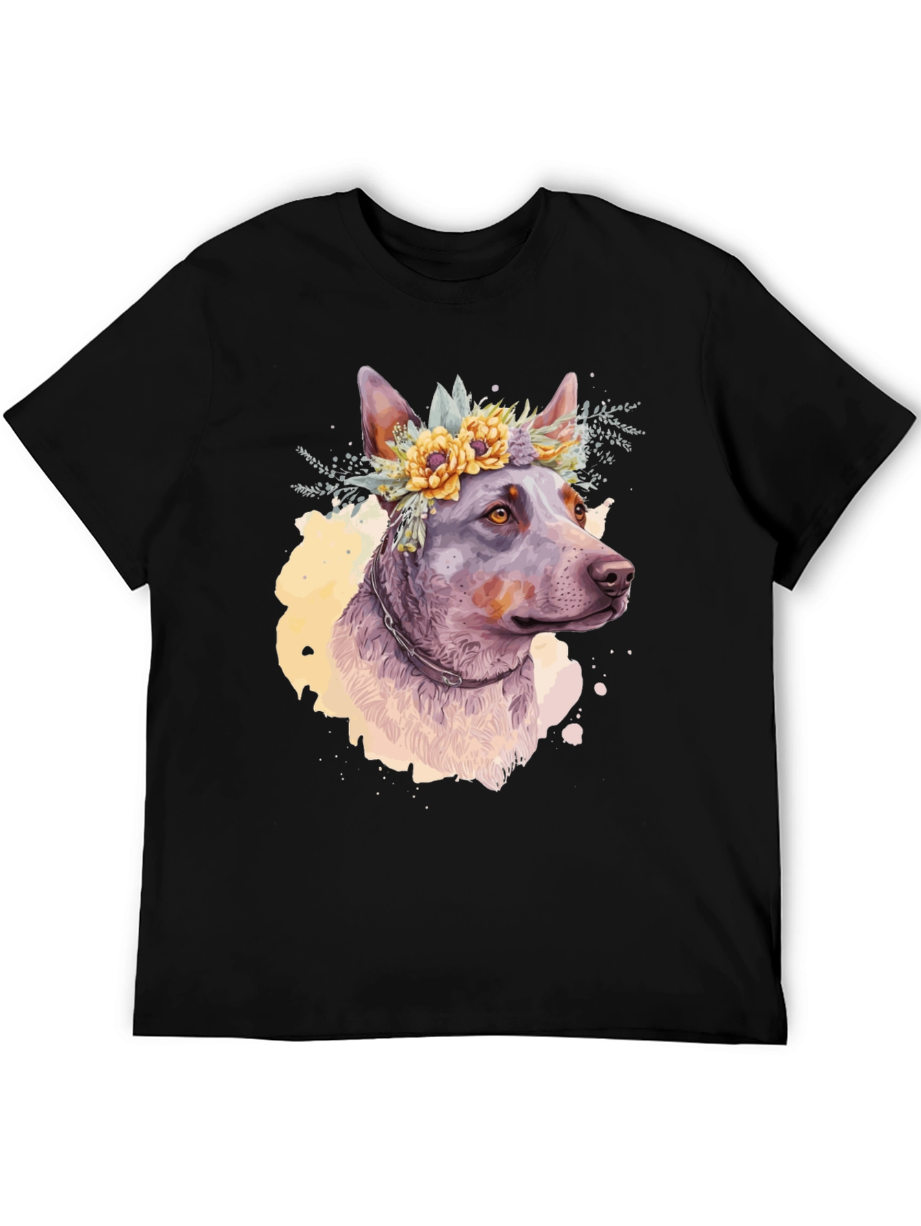 Black Dog with Flower Crown Graphic Tee - Artistic Pet Lover Shirt view 5