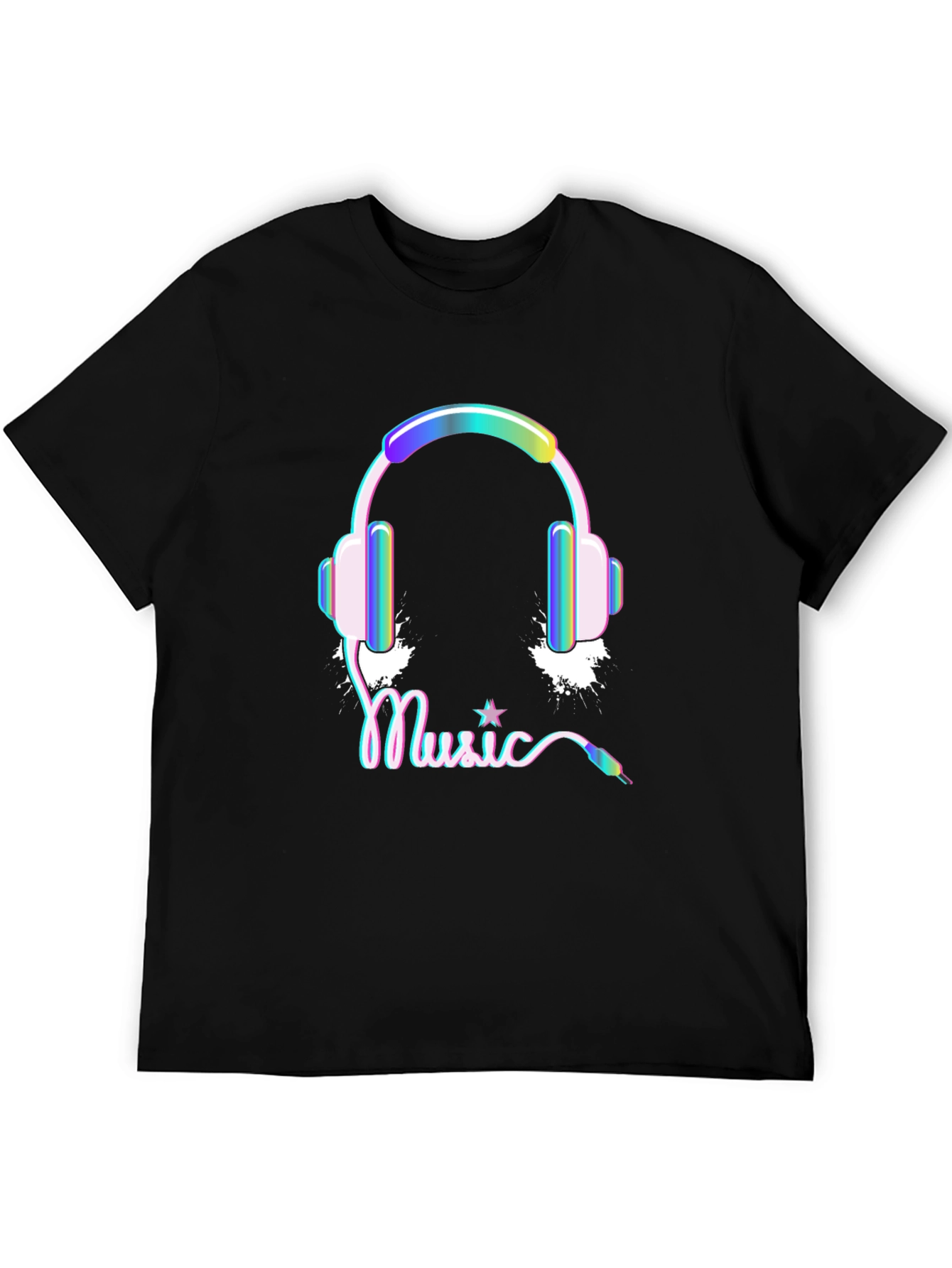 Black Music Headphones Graphic Print Black Tee Shirt view 5