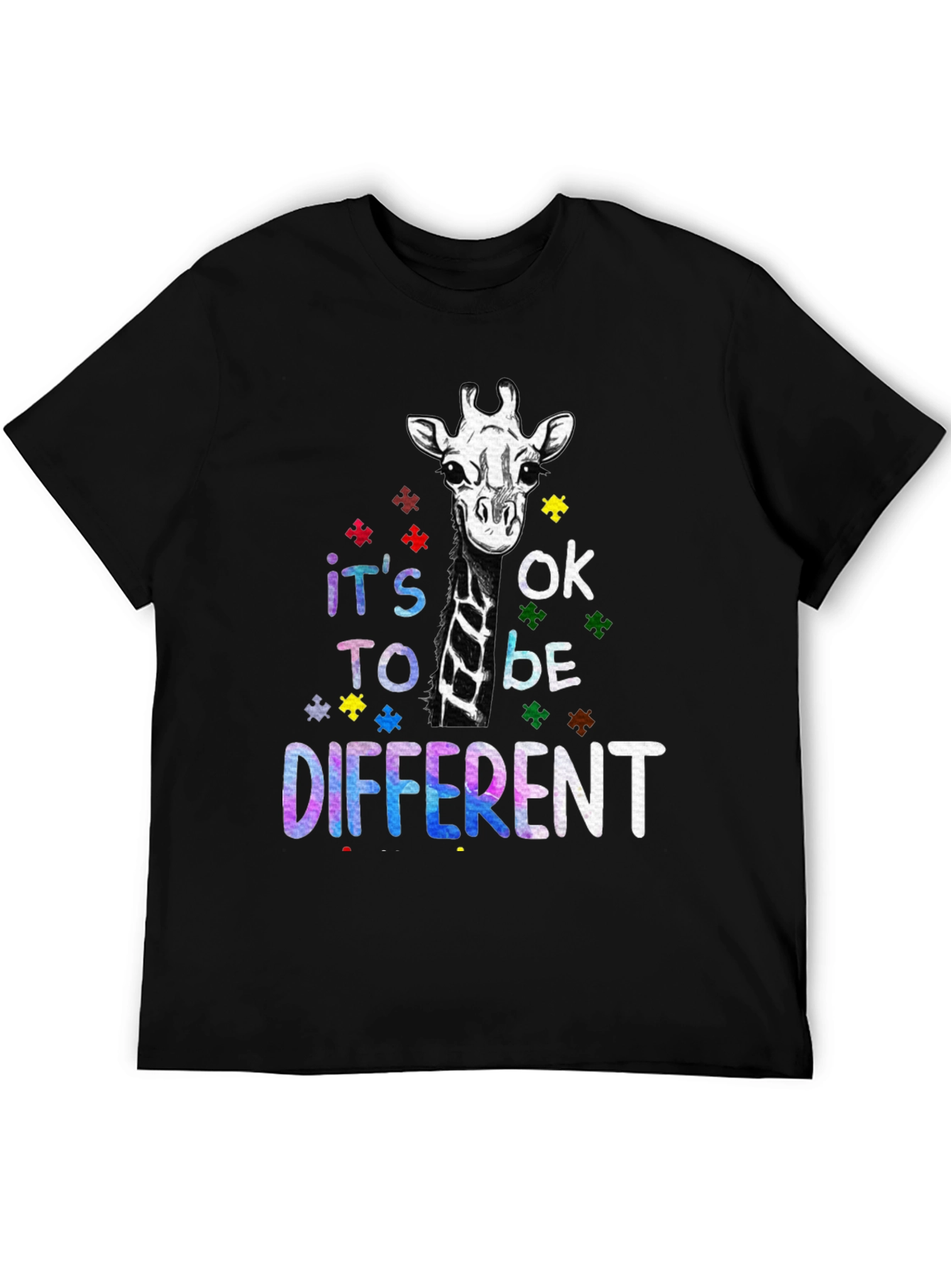 Black Autism Awareness Giraffe T-Shirt - It's OK to be Different view 5
