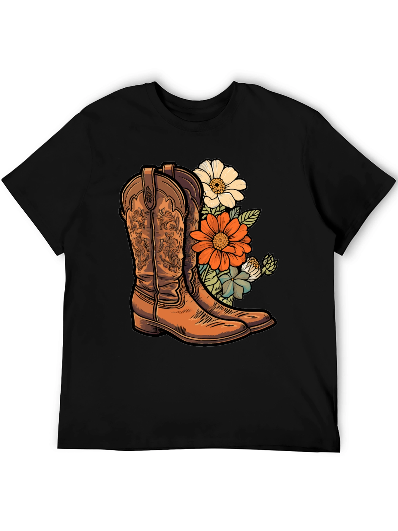 Black Cowboy Boots & Floral T-Shirt - Western Style Tee view 5