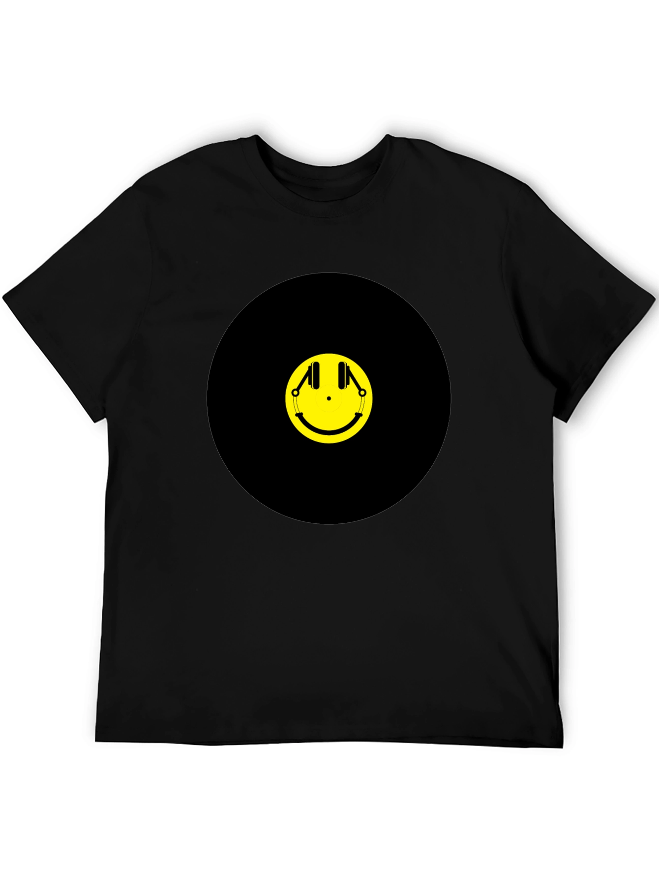 Black Smiley Face Headphones Graphic Tee - Black Cotton T-Shirt view 5