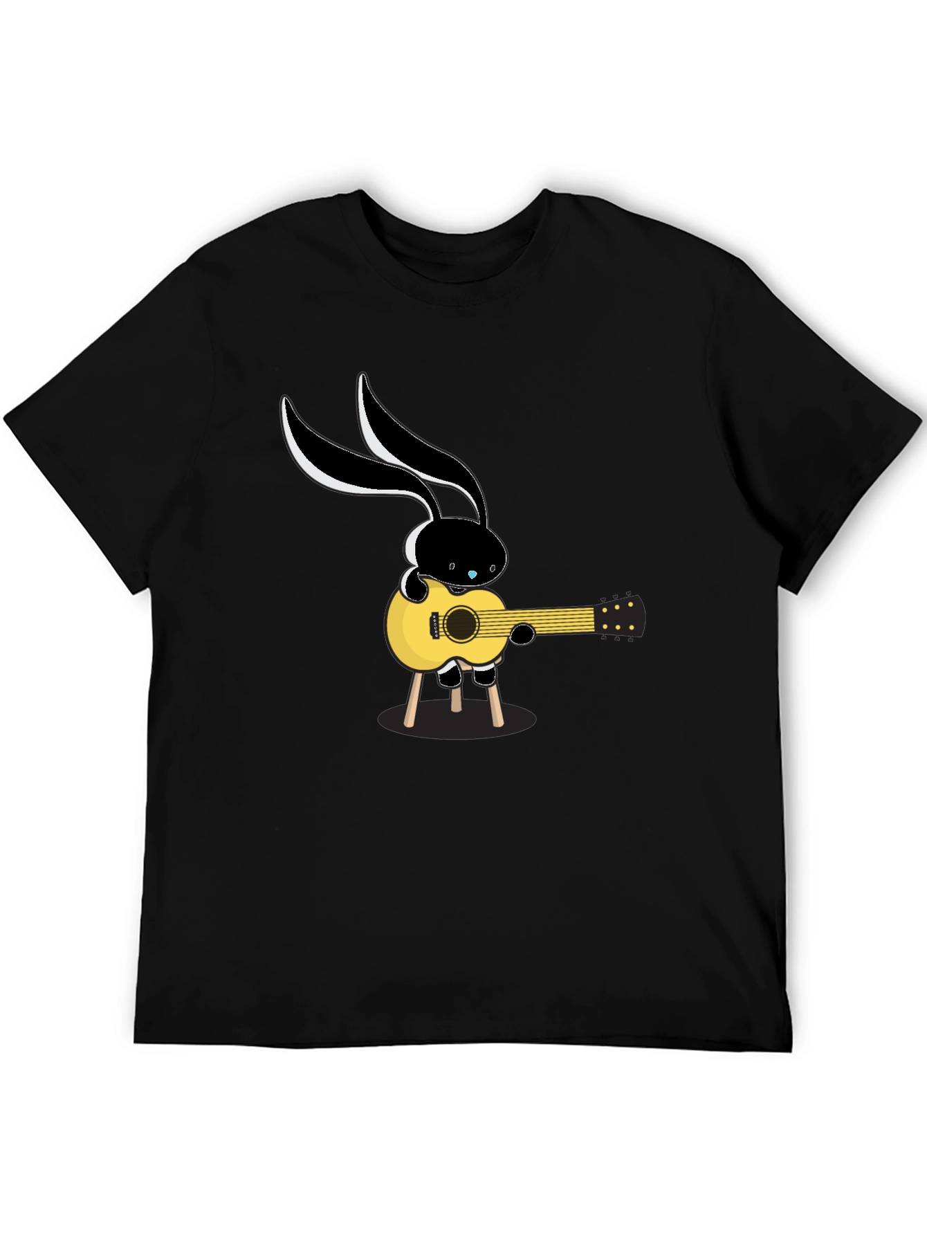 Black Cool Cartoon Bunny Guitarist Black T-Shirt view 5