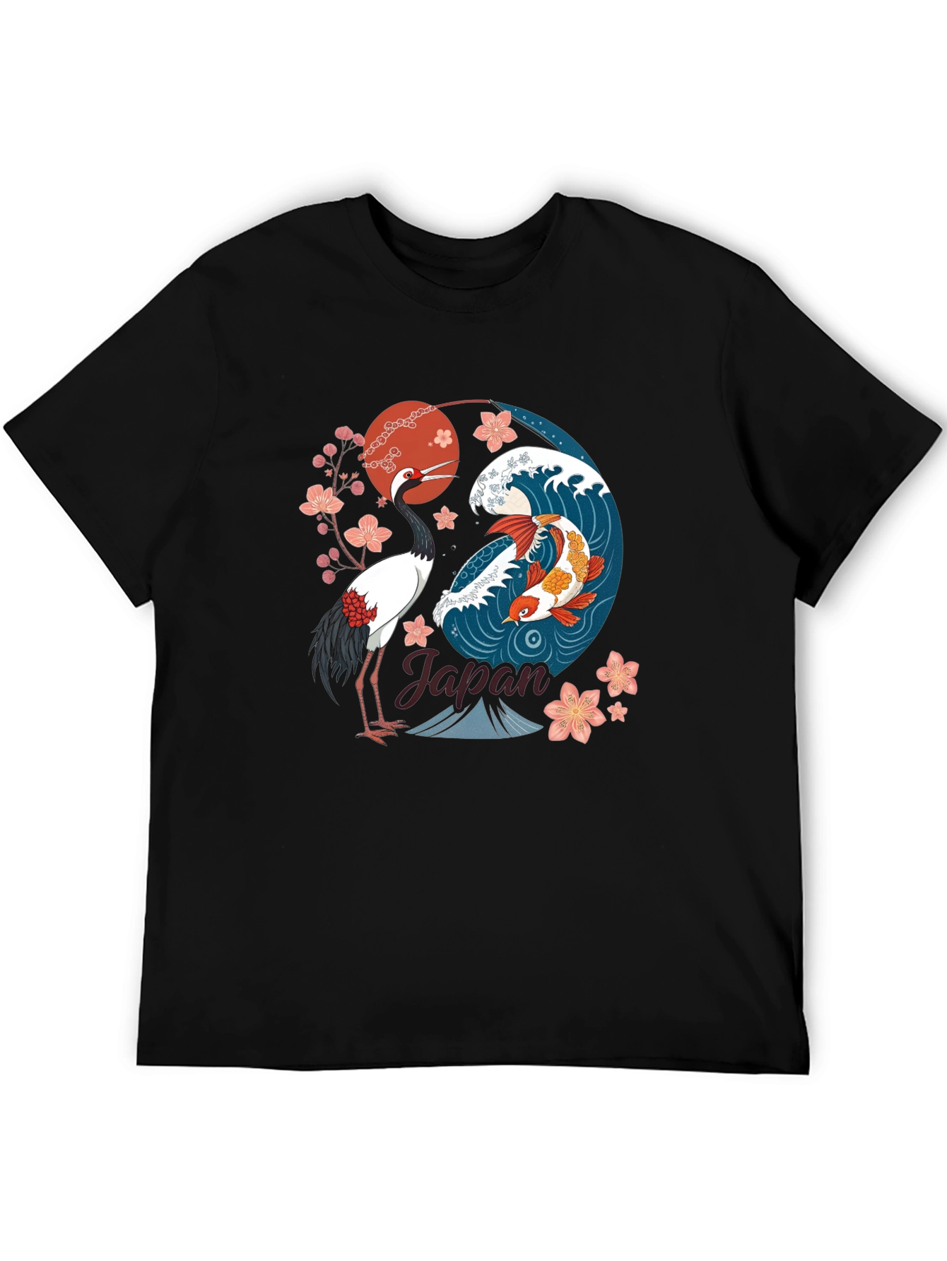 Black Japanese Koi and Crane Graphic T-Shirt view 5