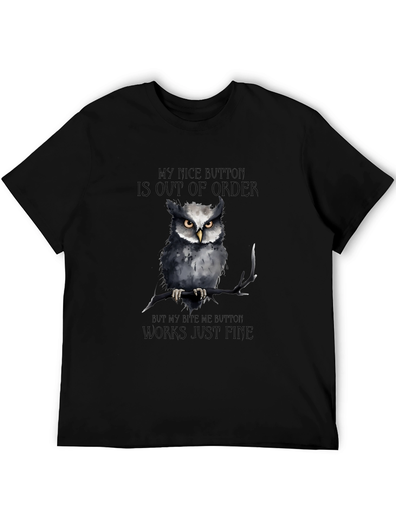 Black Funny Owl T-Shirt: My Nice Button Is Out of Order view 5