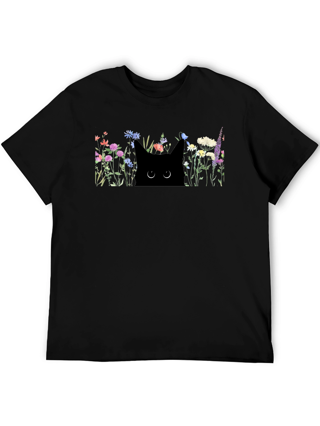 Black Black Cat in Flowers Graphic T-Shirt view 5