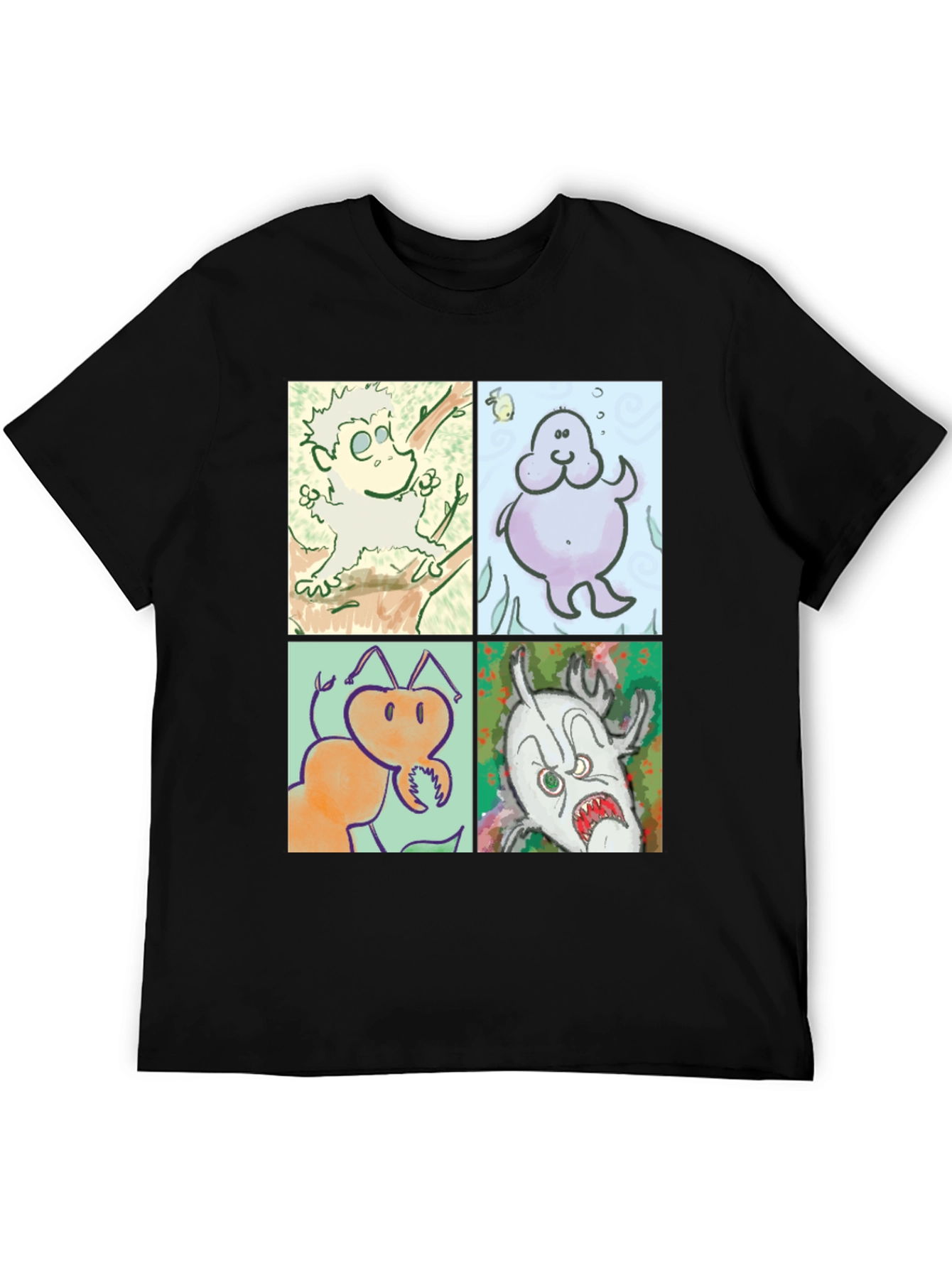 Black Cartoon Character Print Black Cotton T-Shirt view 5