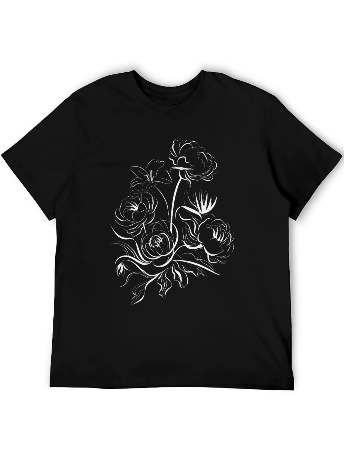 Black Floral Line Art Black T-Shirt - Elegant and Stylish view 5