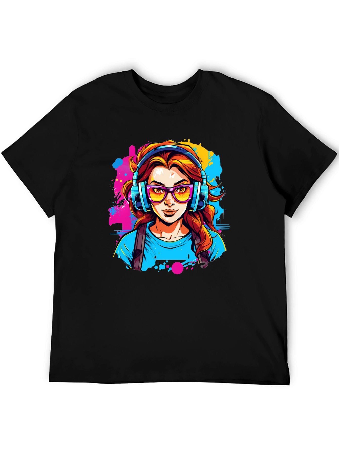 Black Graphic Print T-Shirt - Woman with Headphones view 5