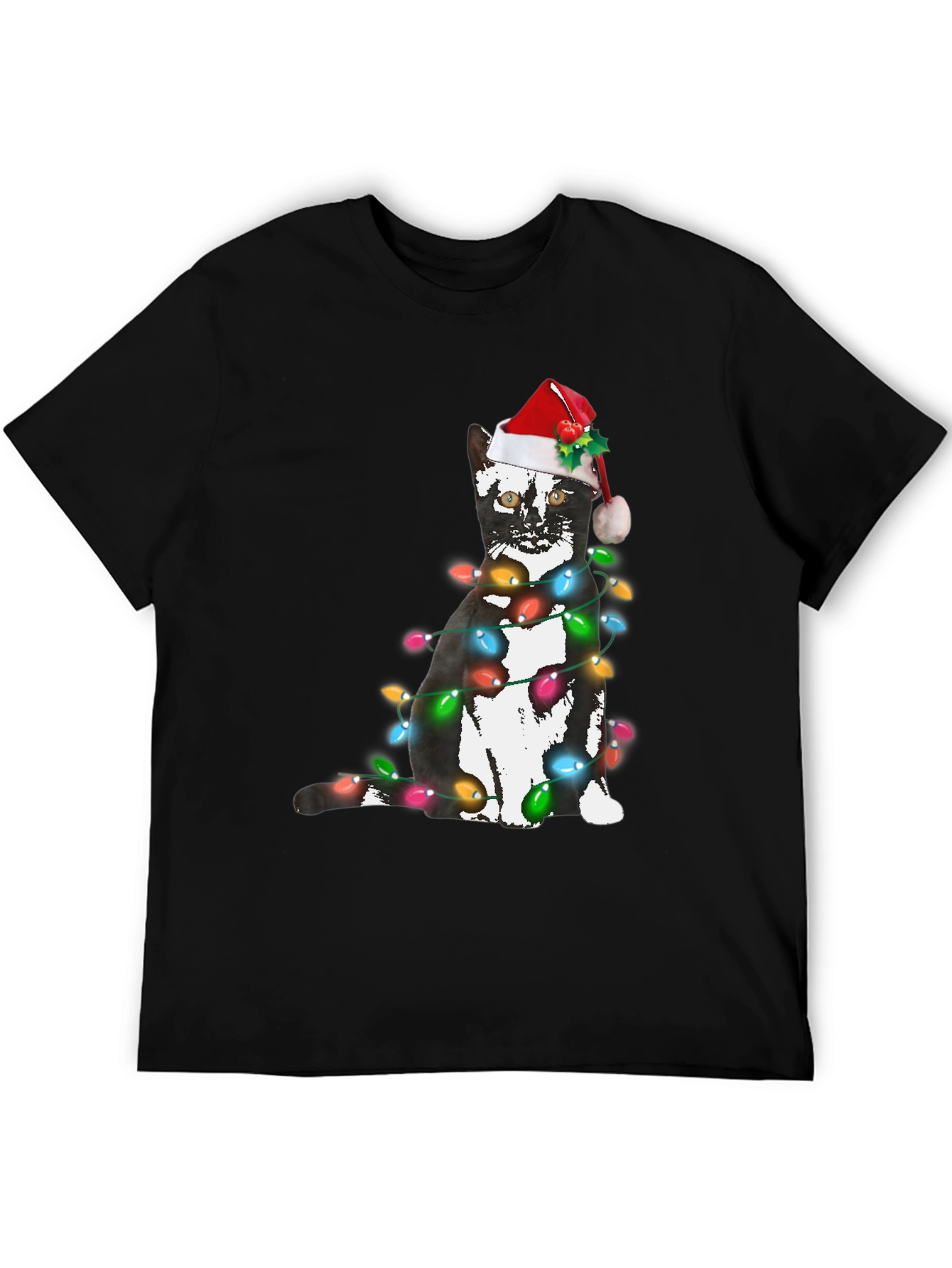 Black Festive Cat Christmas Lights T-Shirt view 5