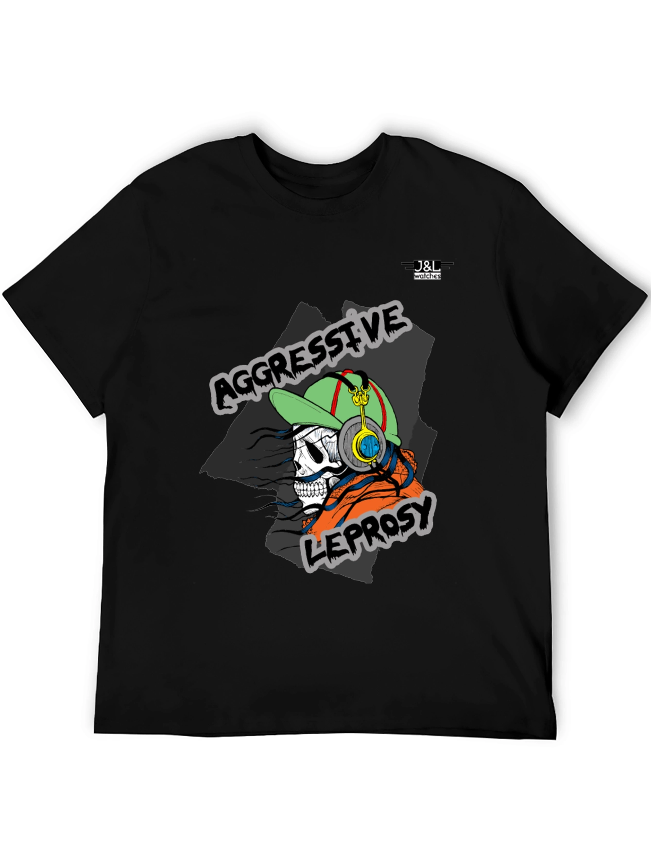 Black Aggressive Leprosy Graphic Tee - Skull with Headphones view 5